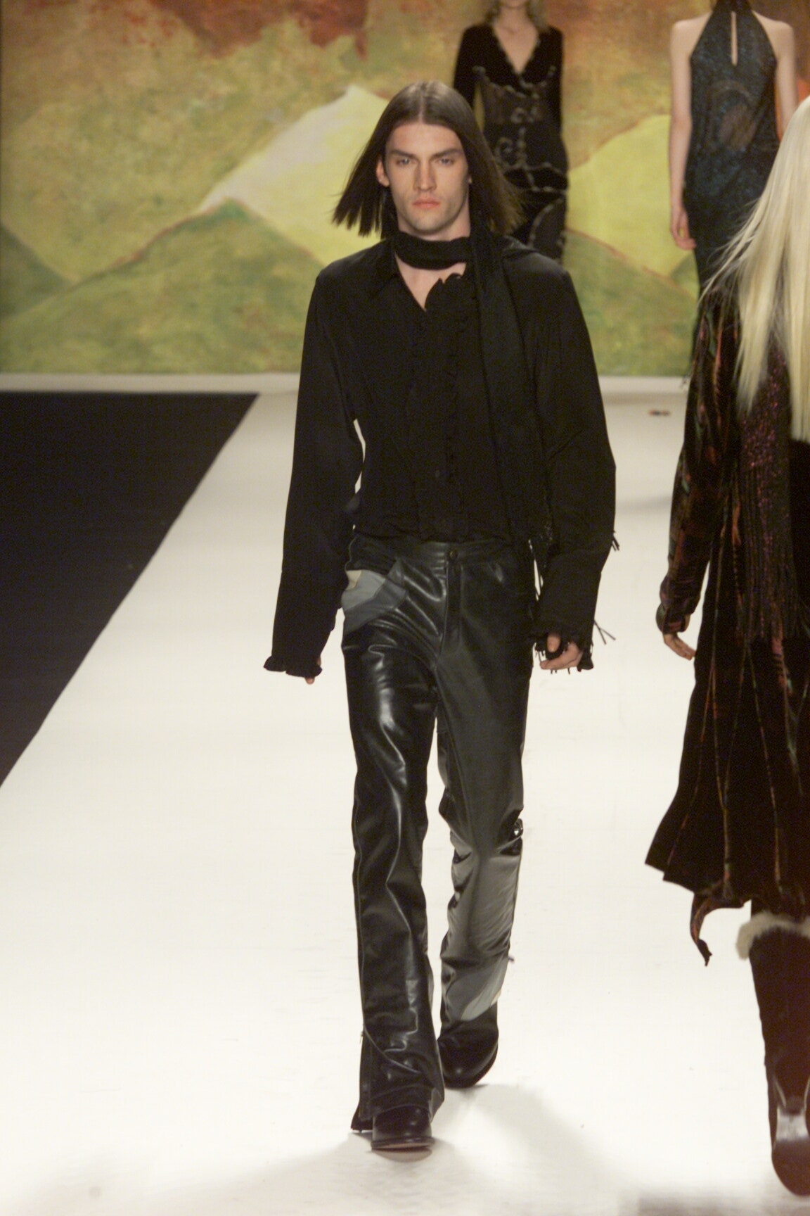 black fitted shirt and leather pants