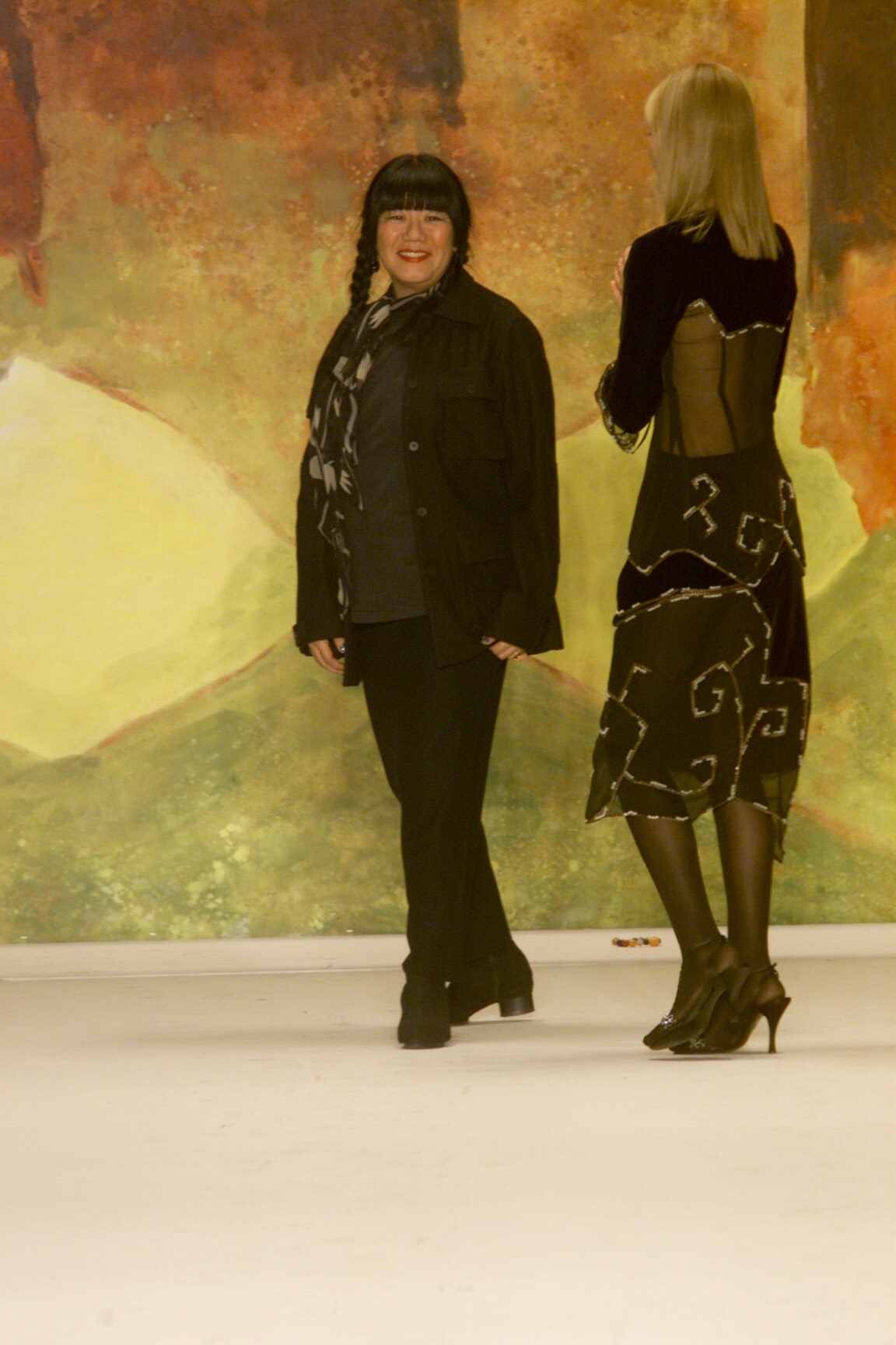 black embroidered midi dress and relaxed jacket