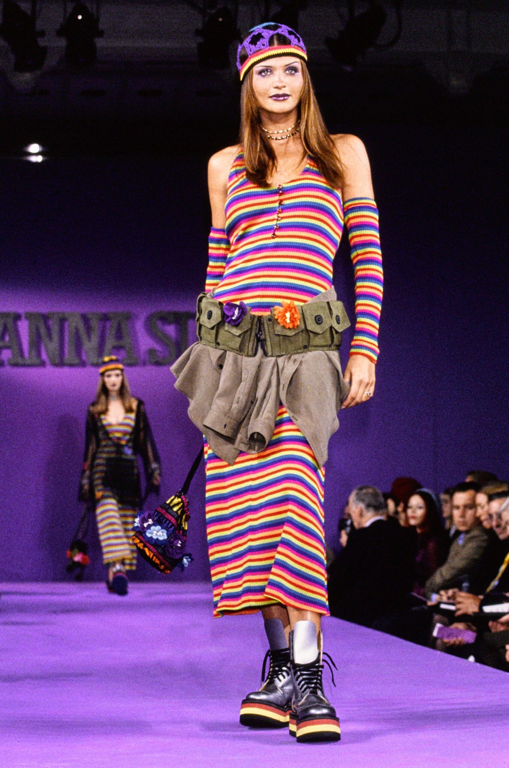 multi-striped midi dress with belt