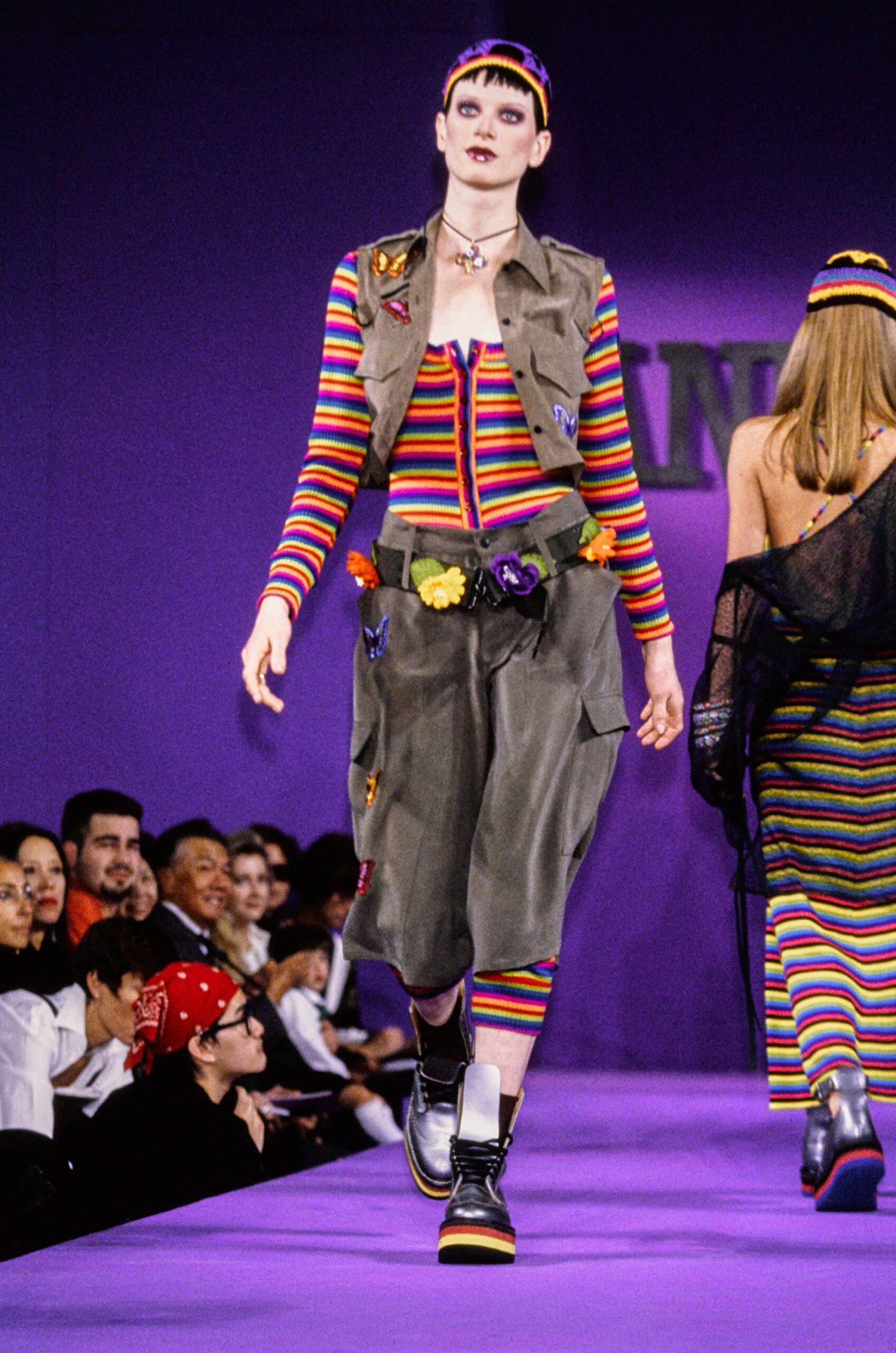multi-striped fitted top with gray vest
