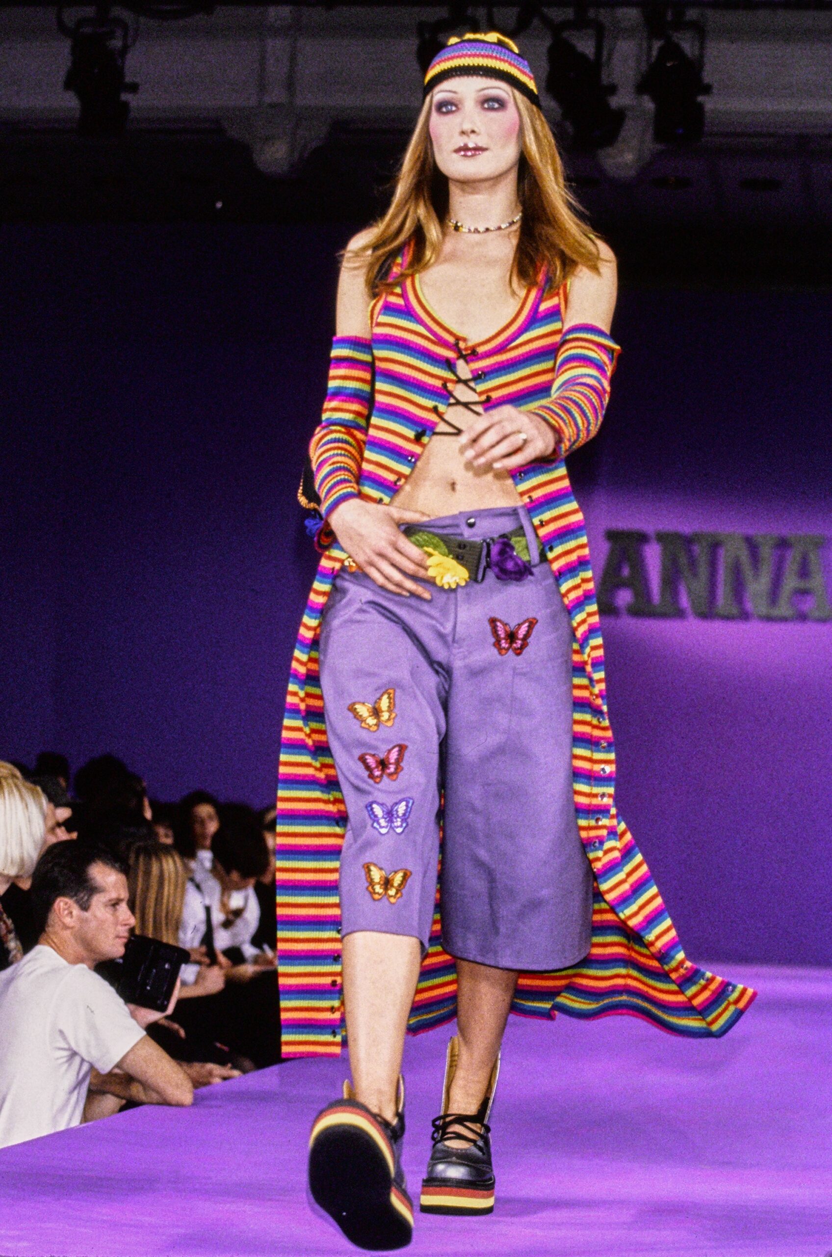 multi-colored cardigan and gray cargo pants