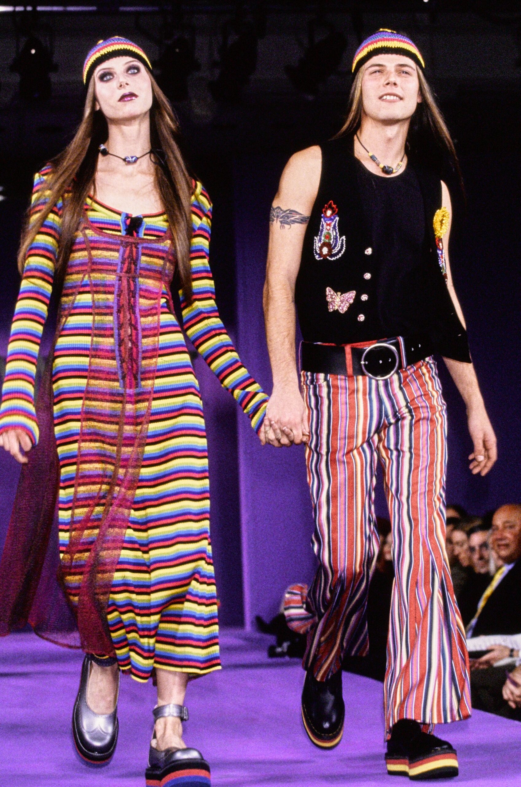 multi-striped midi dress and black vest