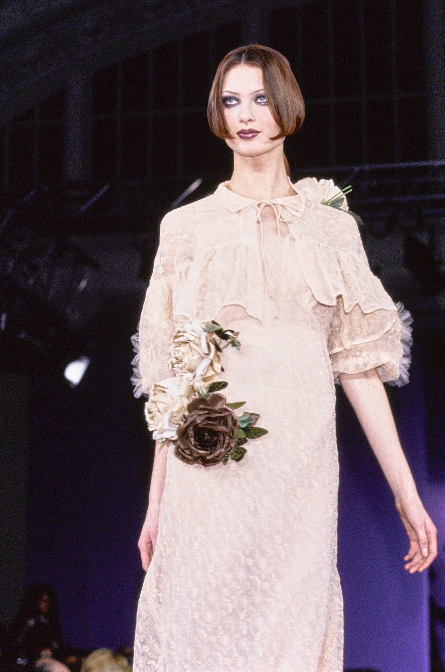 beige silk ruffled midi dress