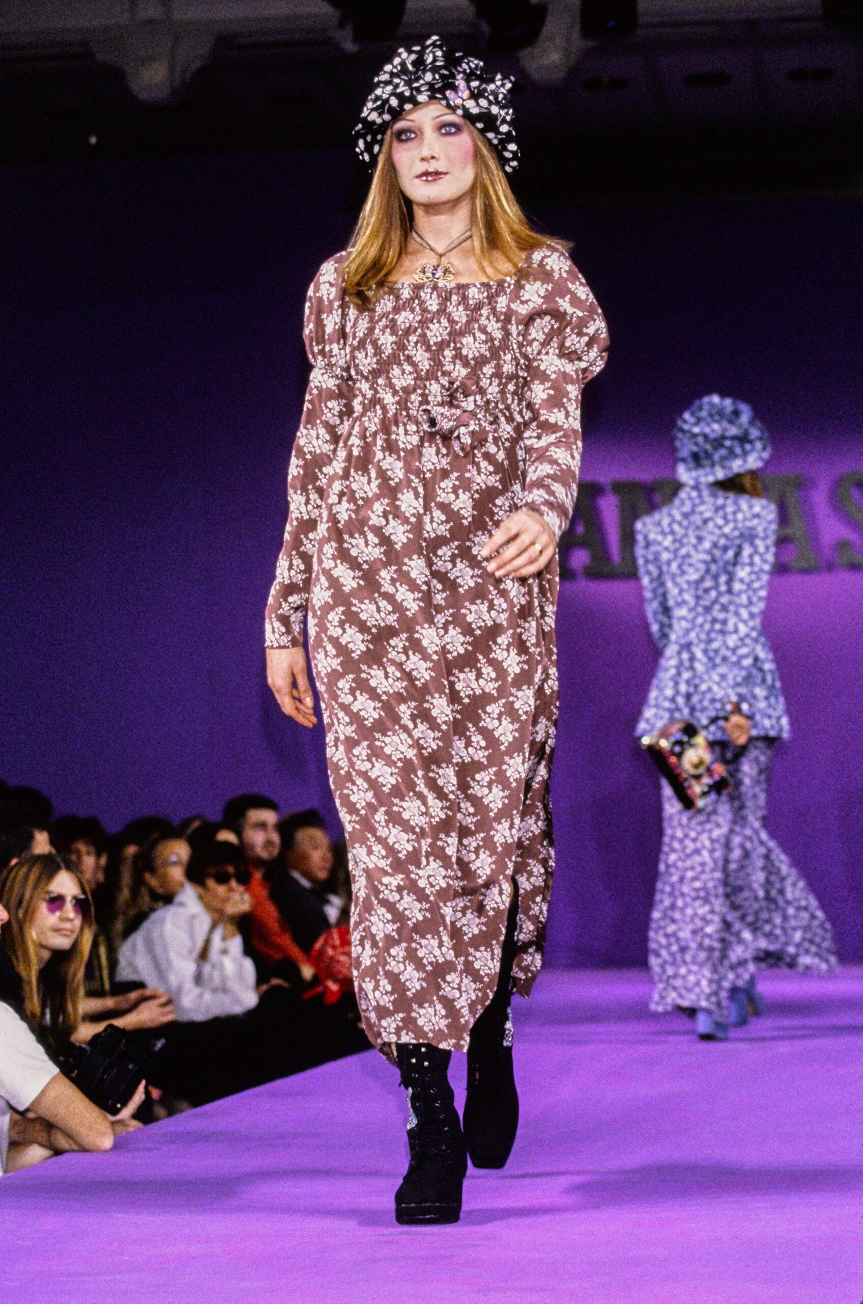 brown floral maxi dress with black boots