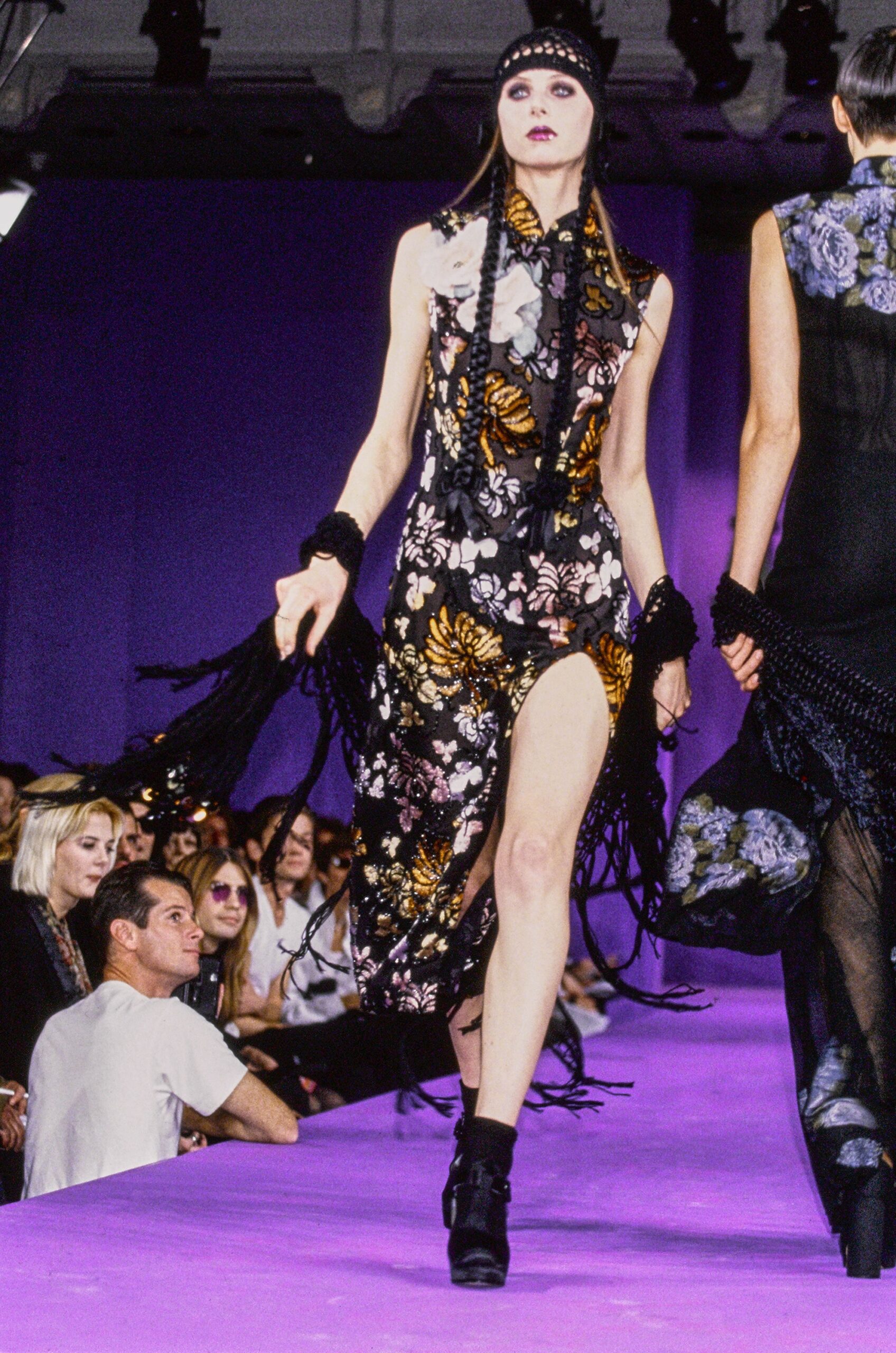 black floral fringed midi dress