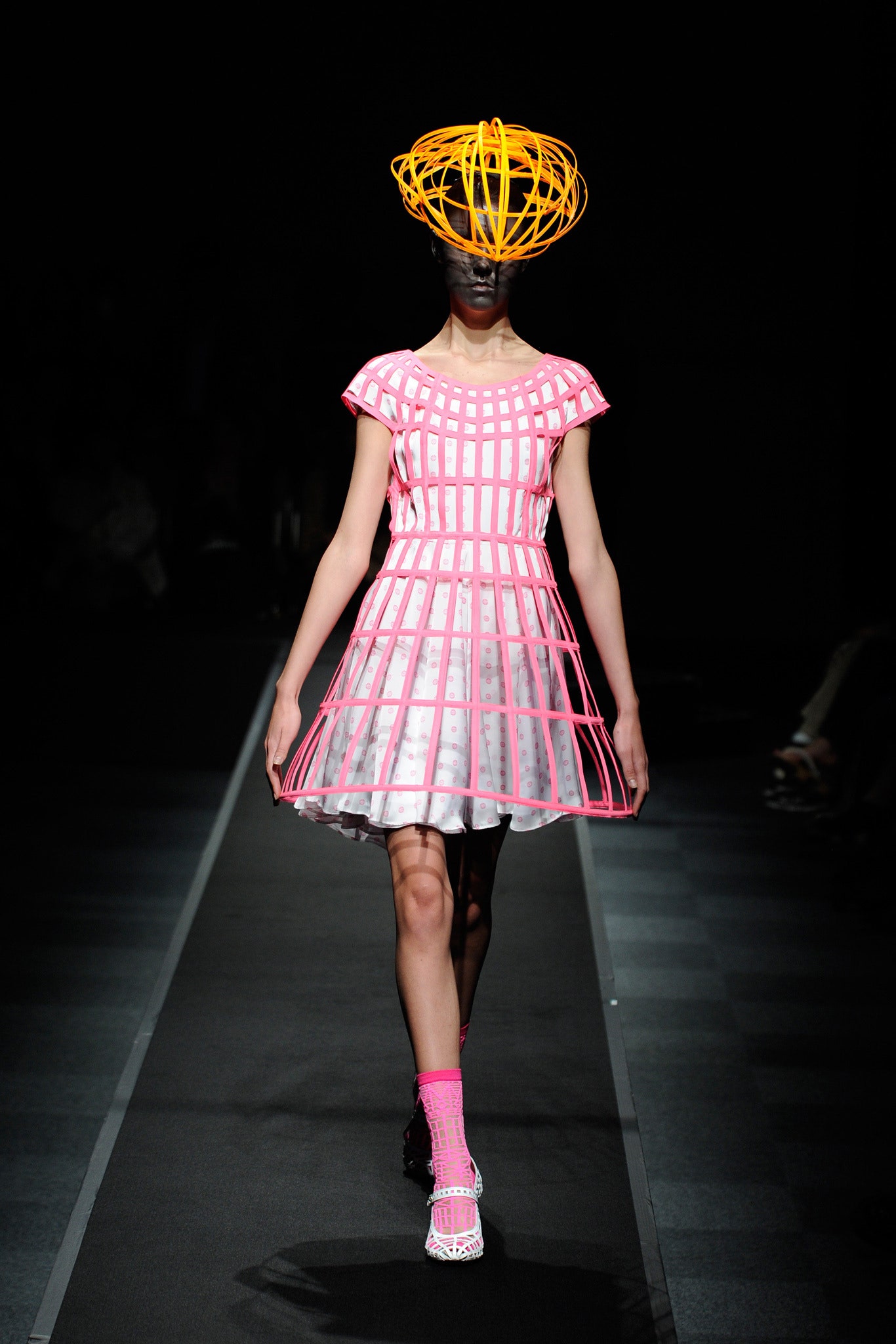white pleated mini dress with yellow hat