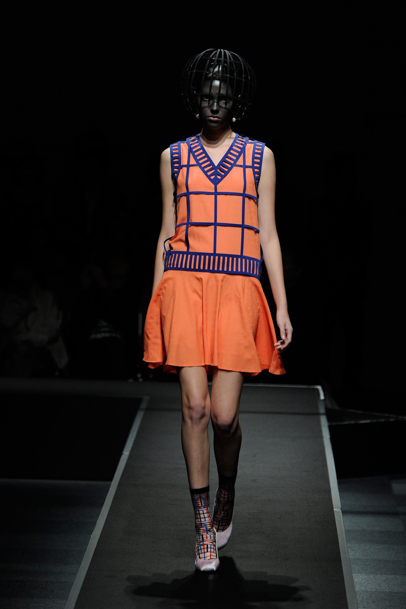 orange and blue sleeveless mini dress