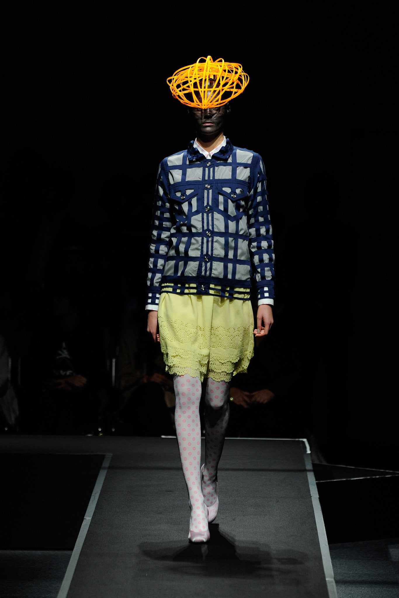 blue checked shirt yellow mini skirt