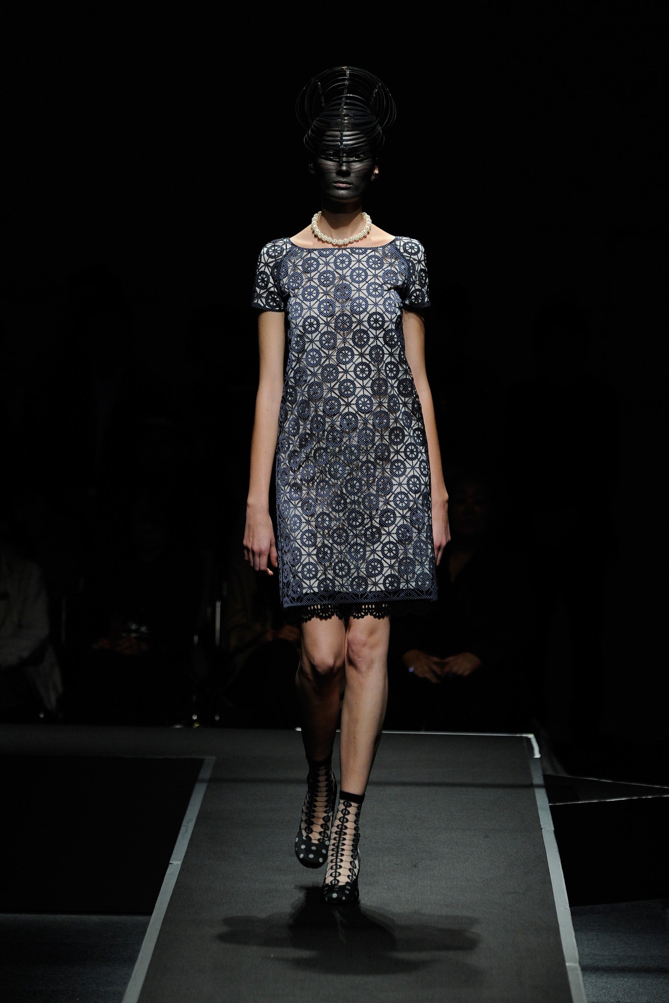 blue lace short-sleeve collared fitted embroidered tiered dress