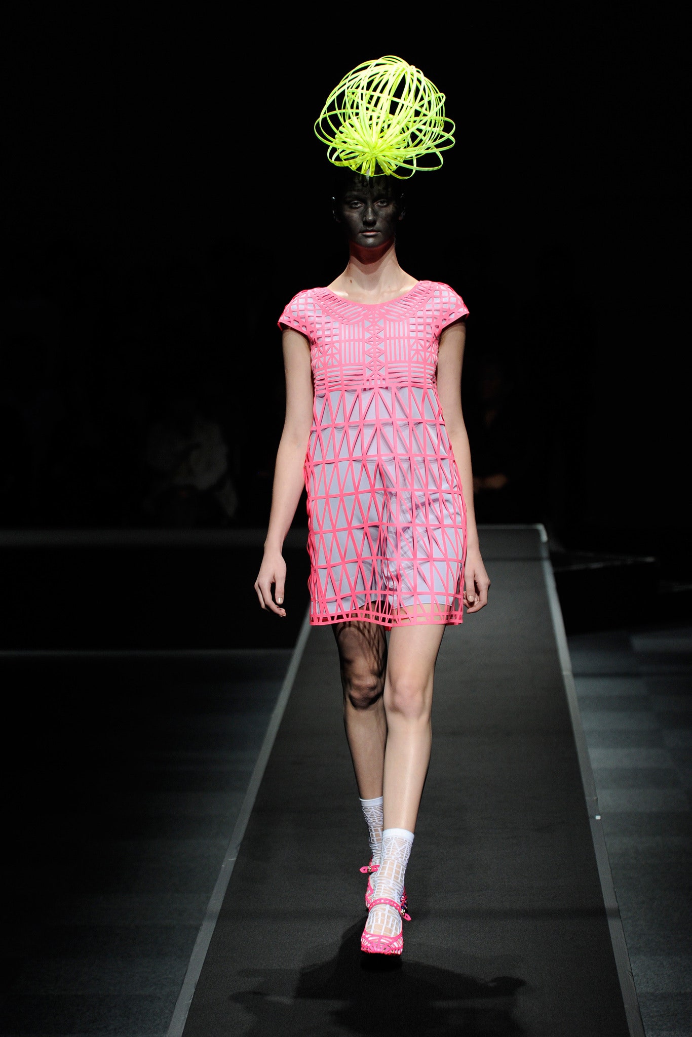 fitted pink mesh geometric dress