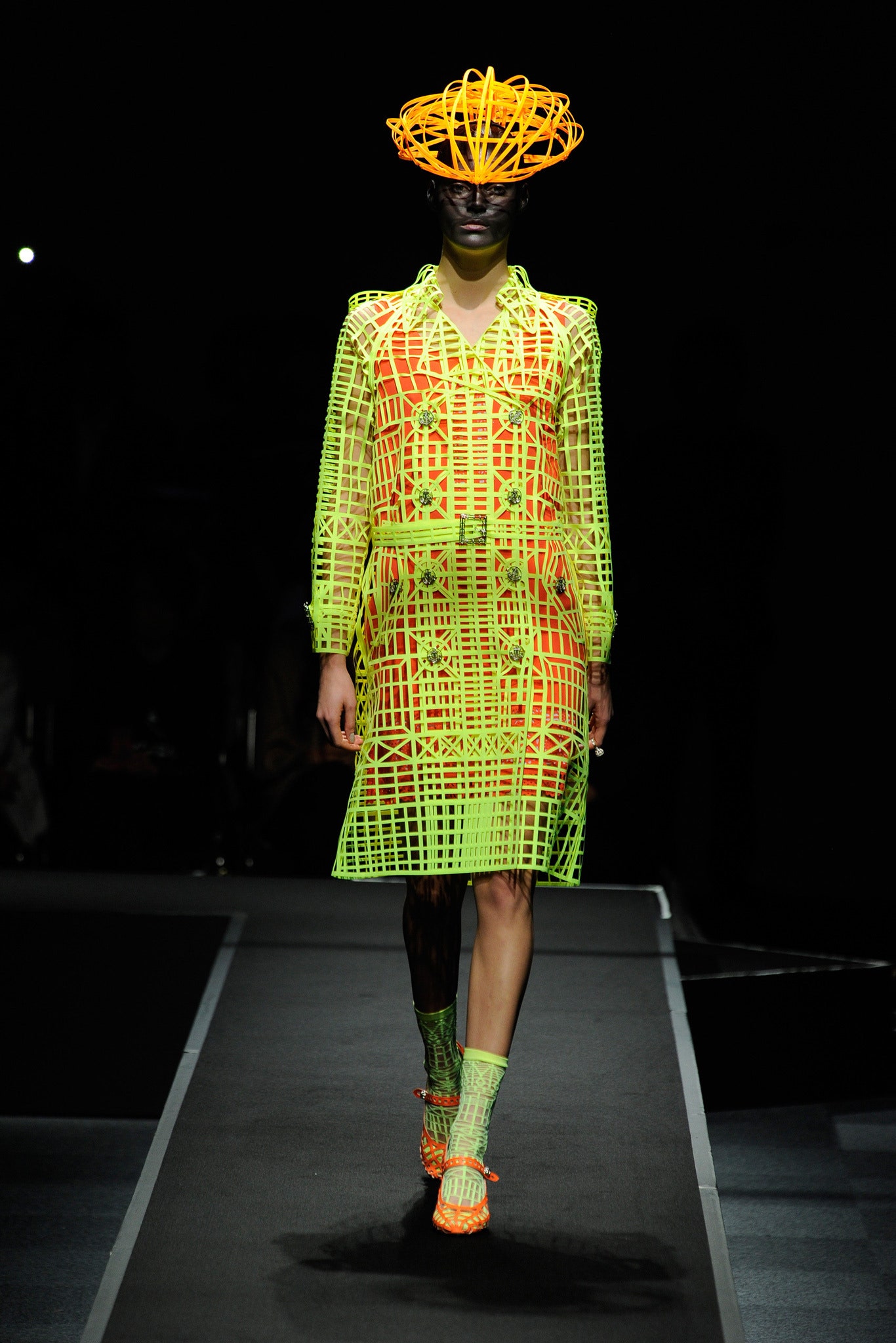 yellow orange mesh dress with hat