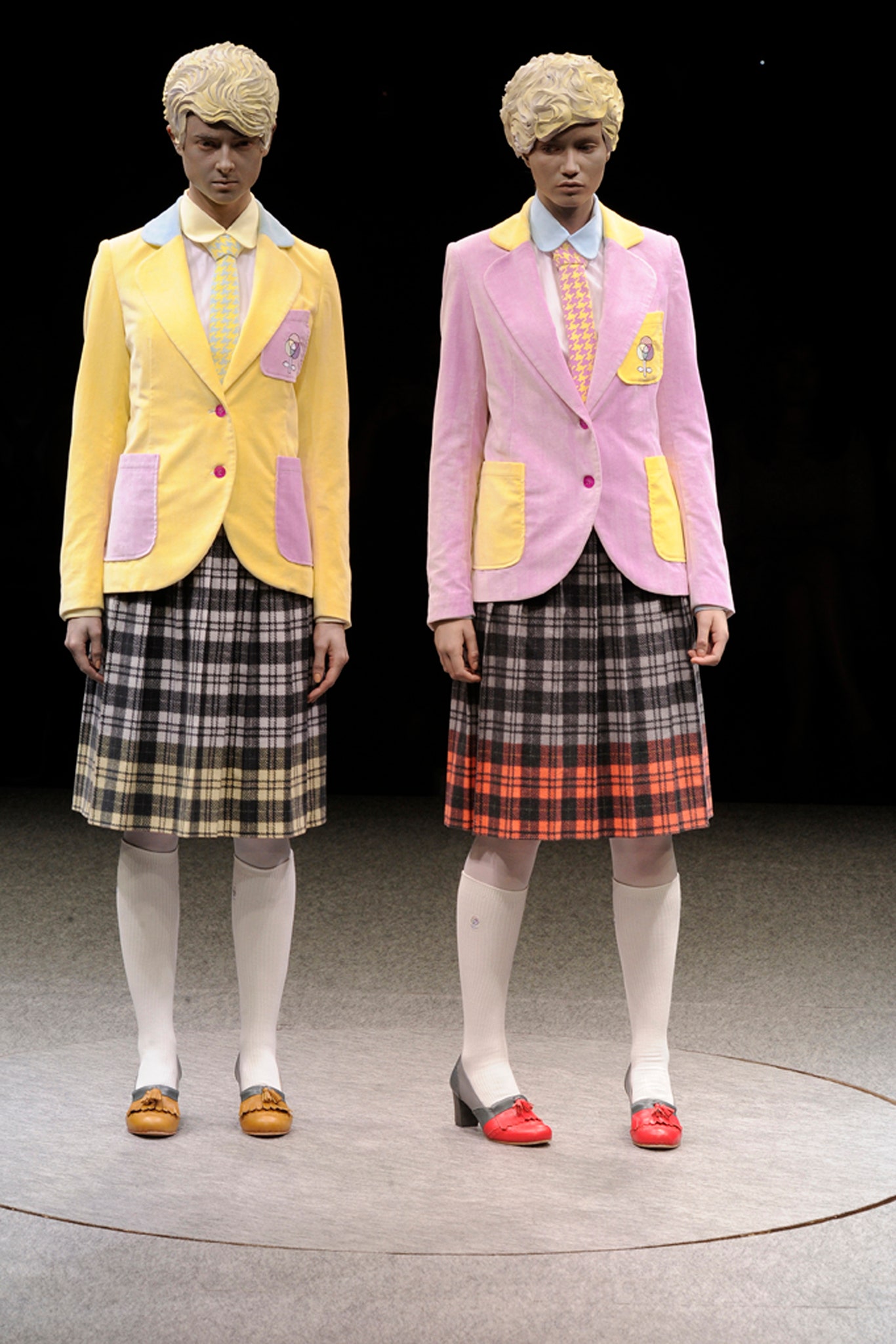 colorful tailored blazers and pleated skirts