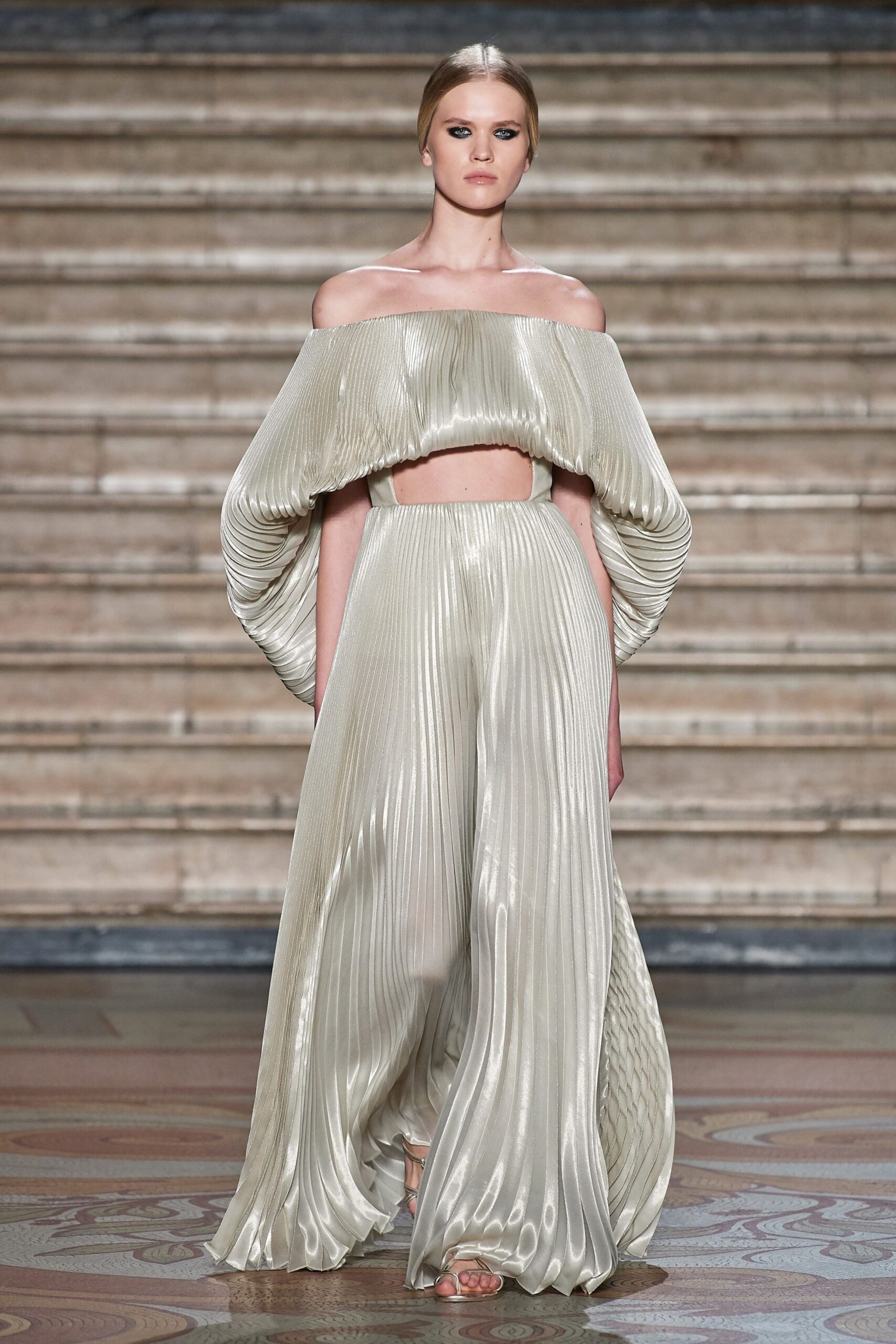 beige silk pleated top and pants