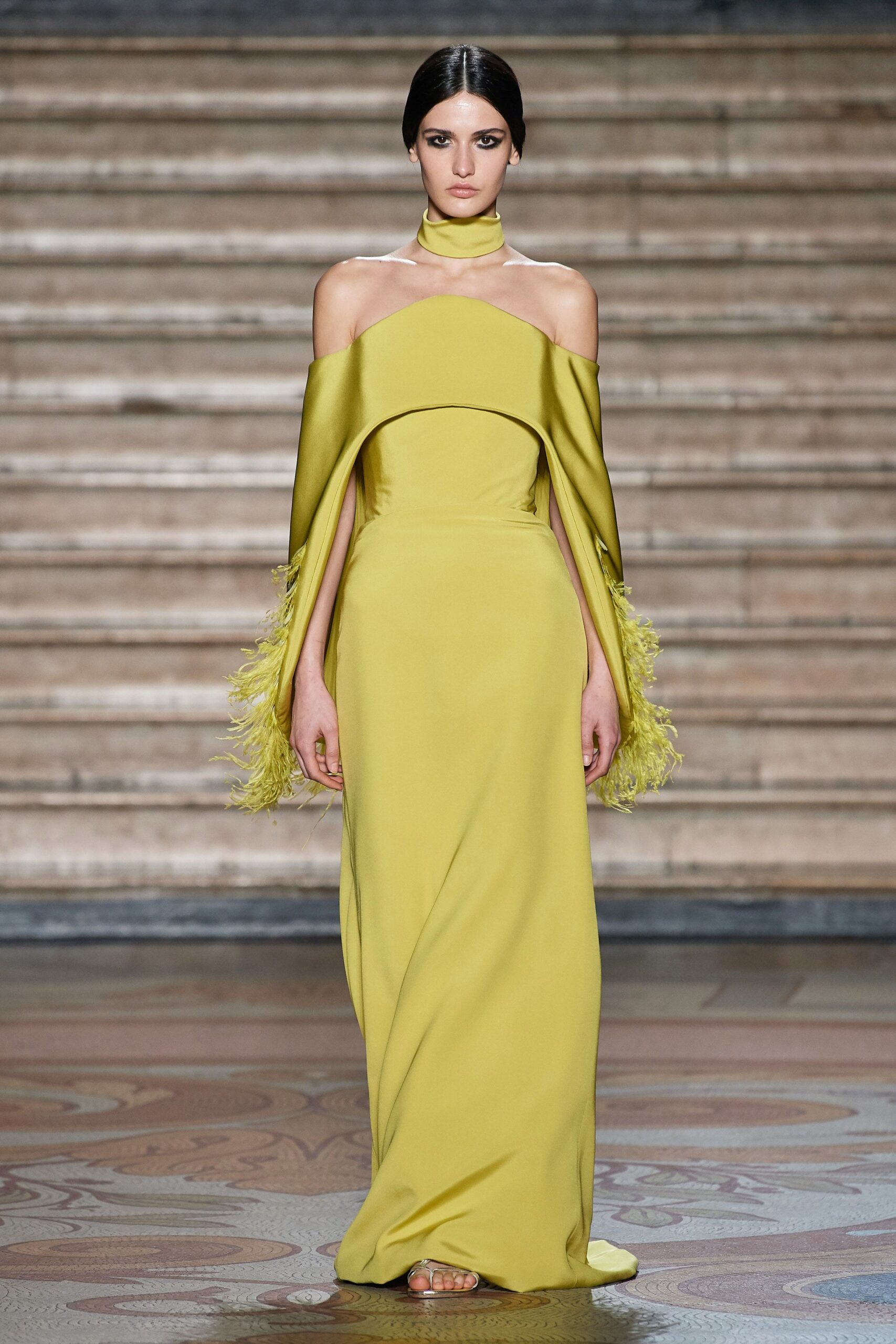 yellow silk off-shoulder gown