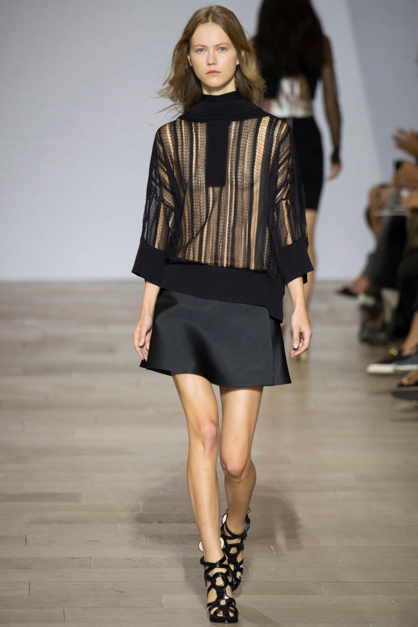 black mesh long-sleeve turtleneck fitted layered sheer top