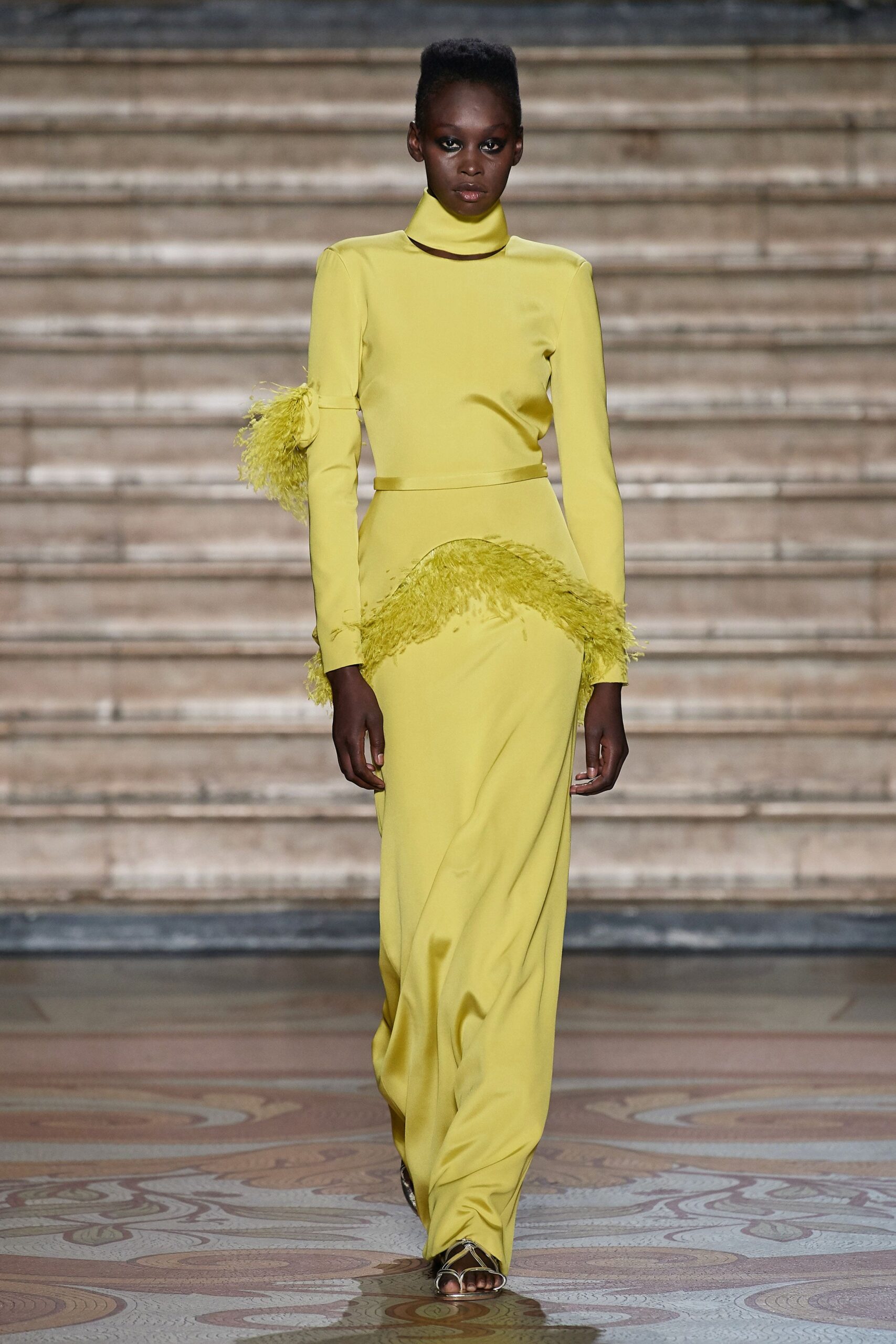 fitted yellow silk gown