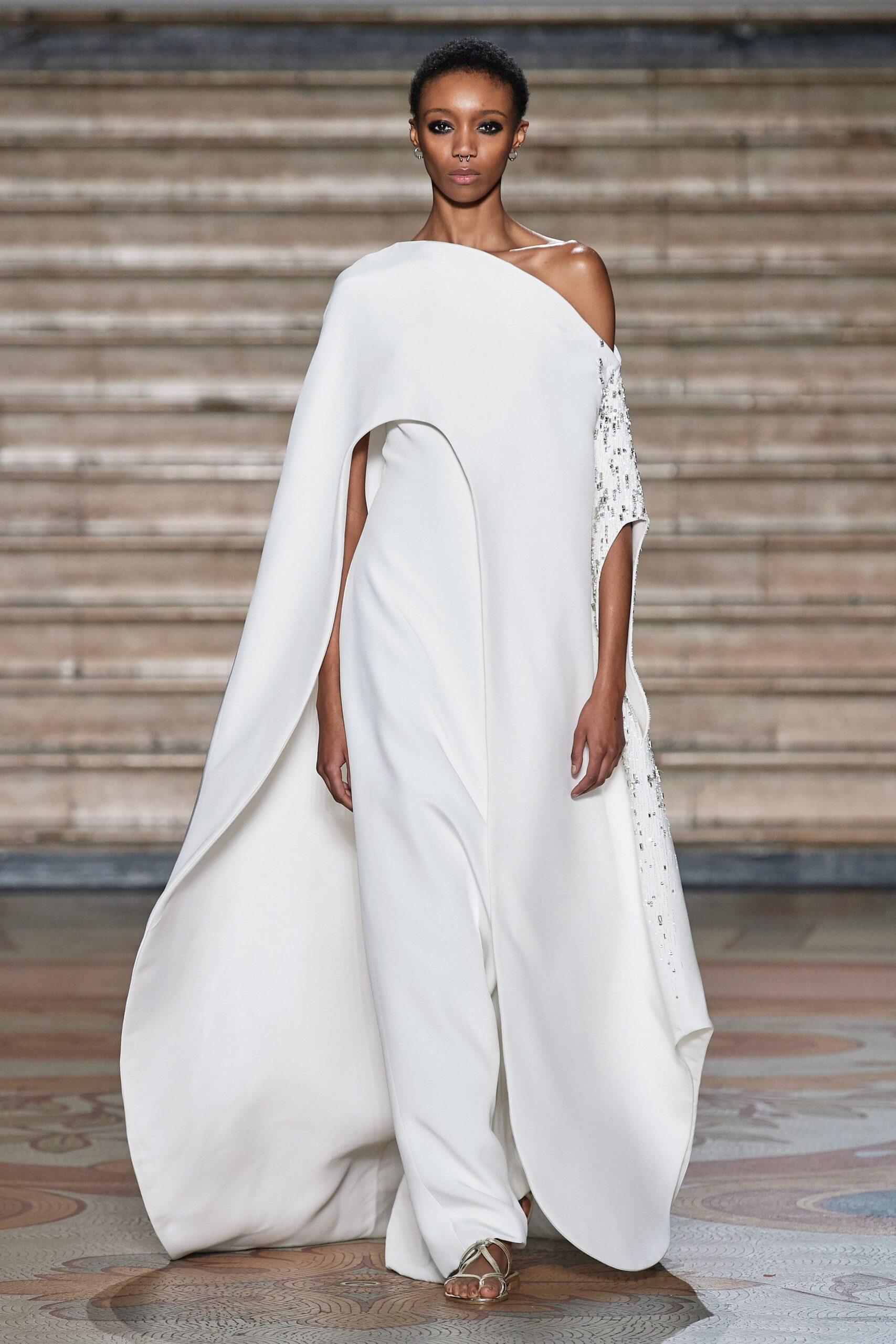 white silk off-shoulder gown
