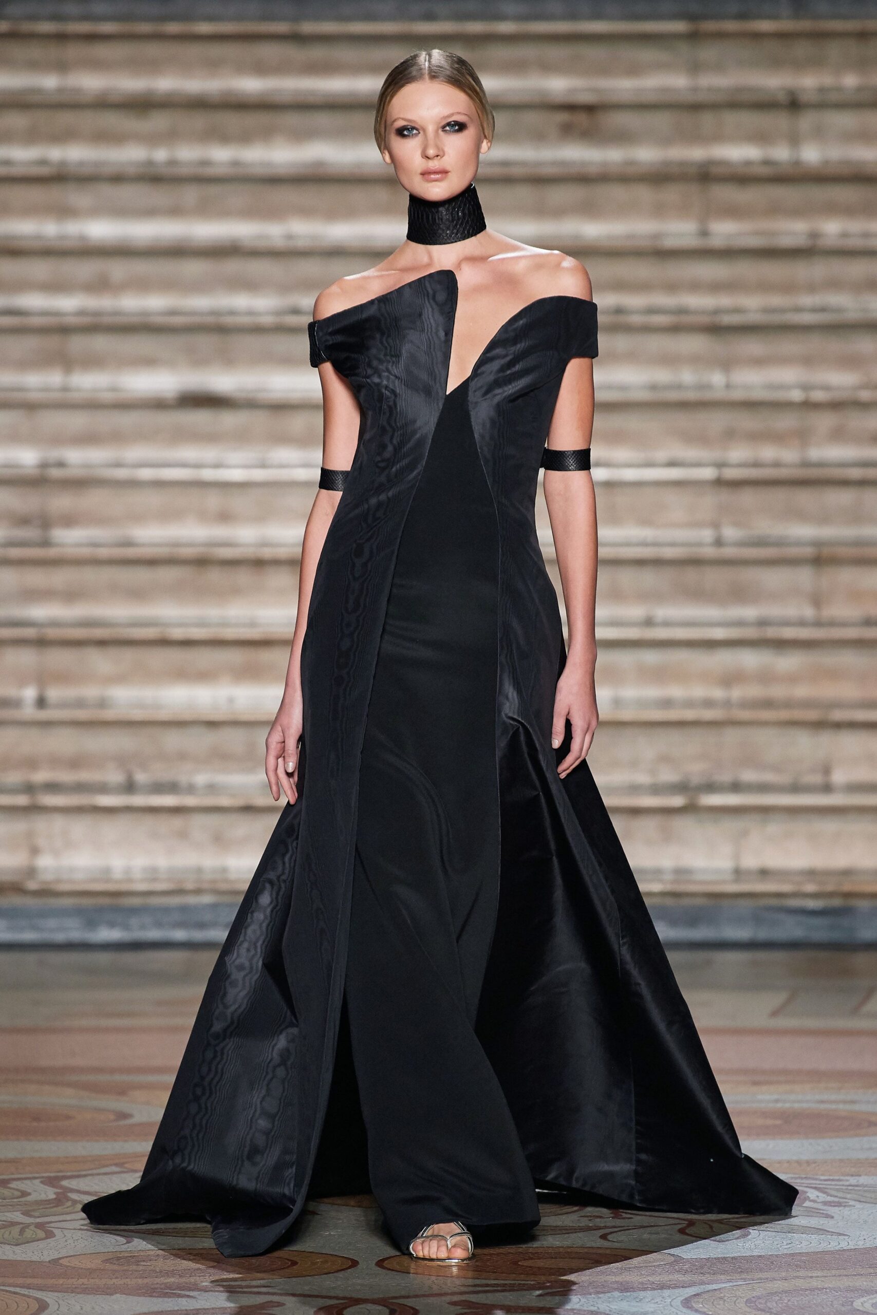 black silk off-shoulder gown