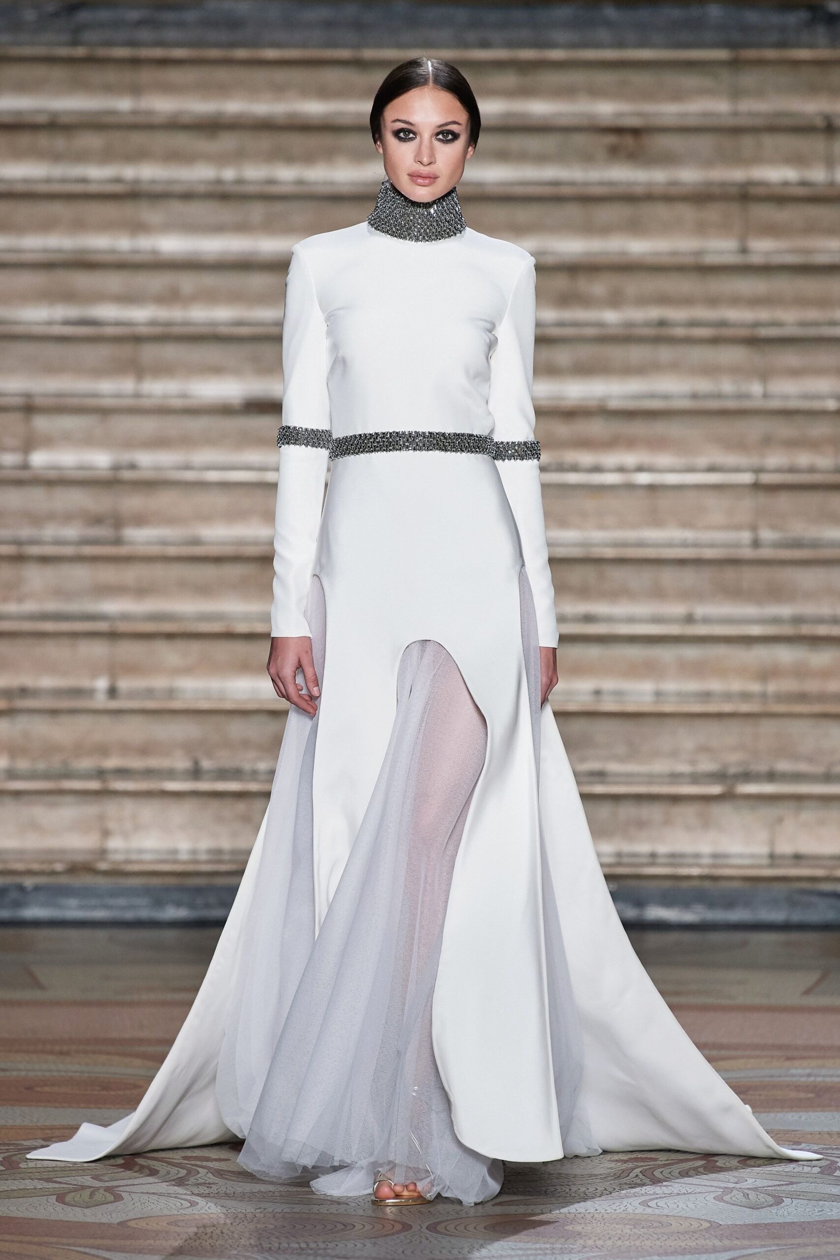 white silk fitted gown