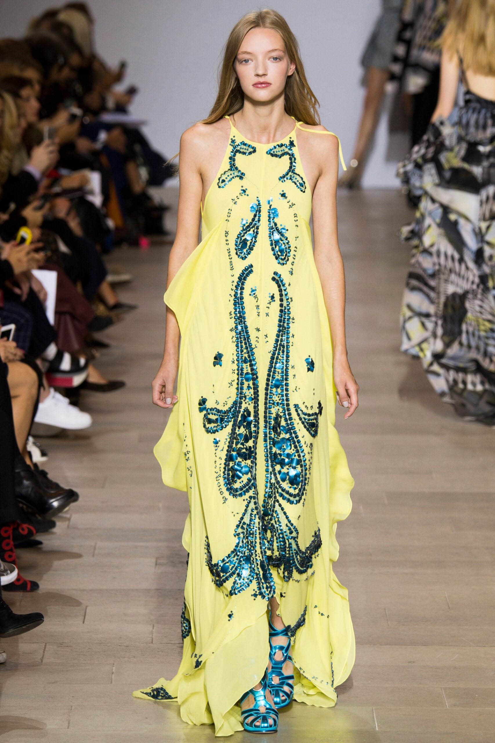 yellow chiffon sleeveless high-neck relaxed embroidered gown