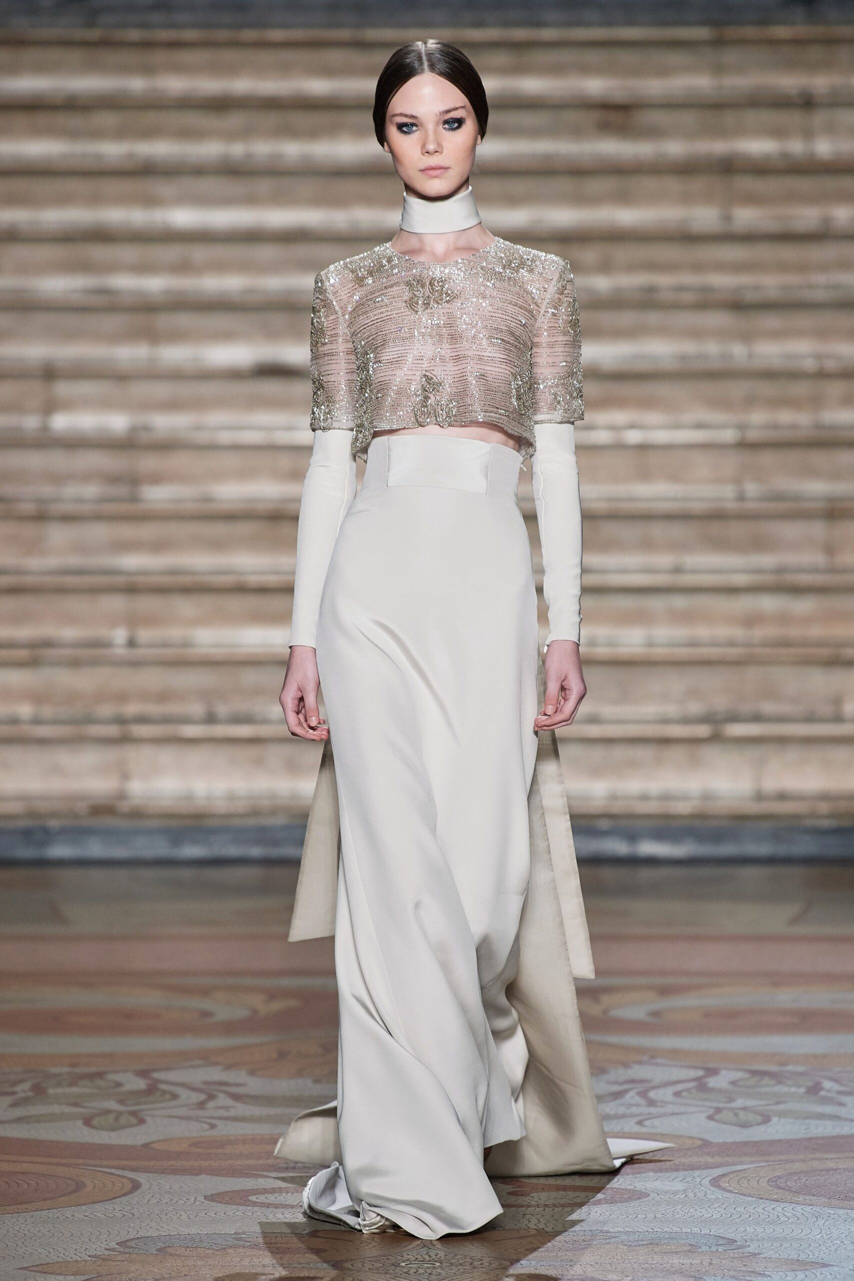 white silk fitted gown with pink blouse