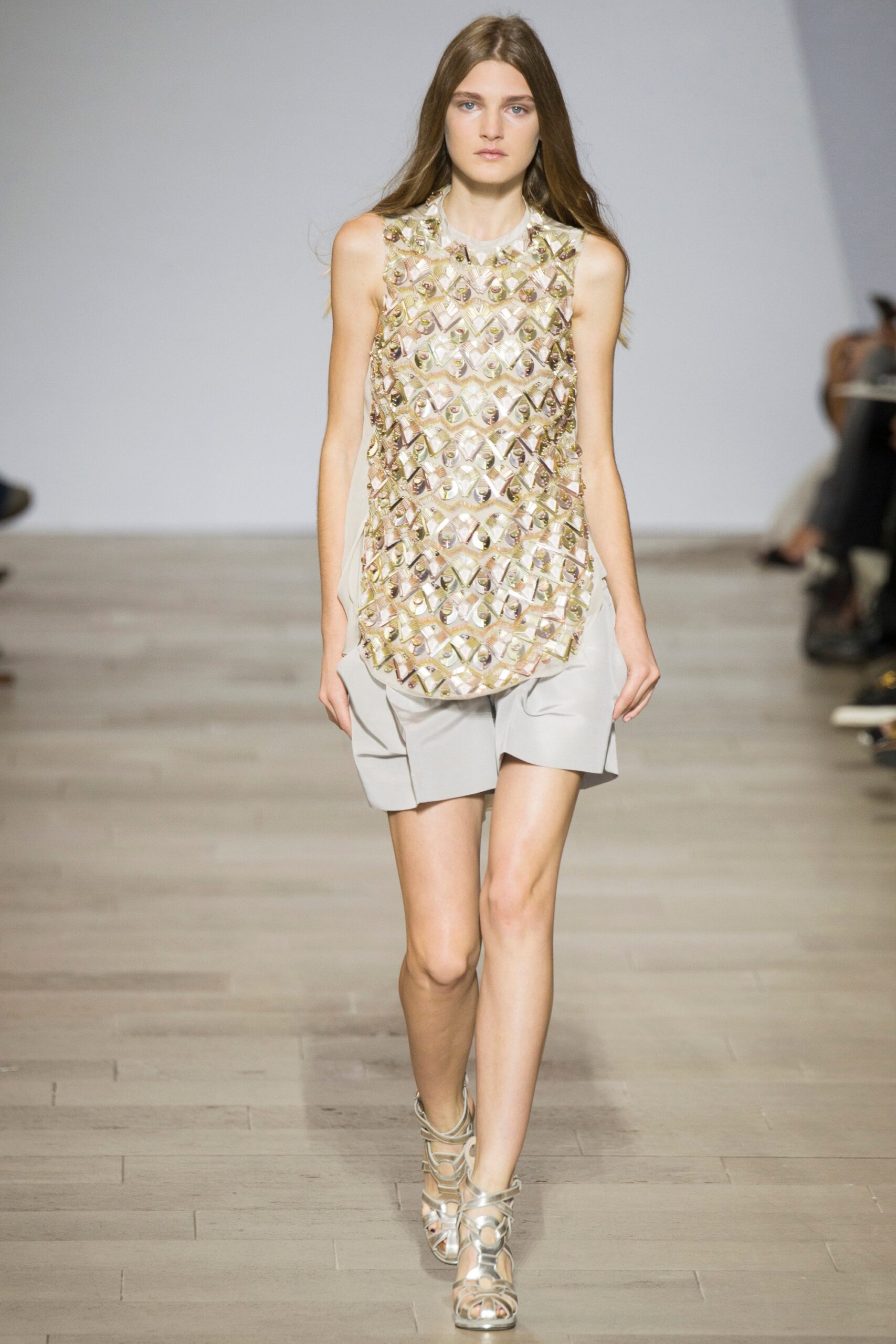 gold silk sleeveless collared fitted embellished shiny top