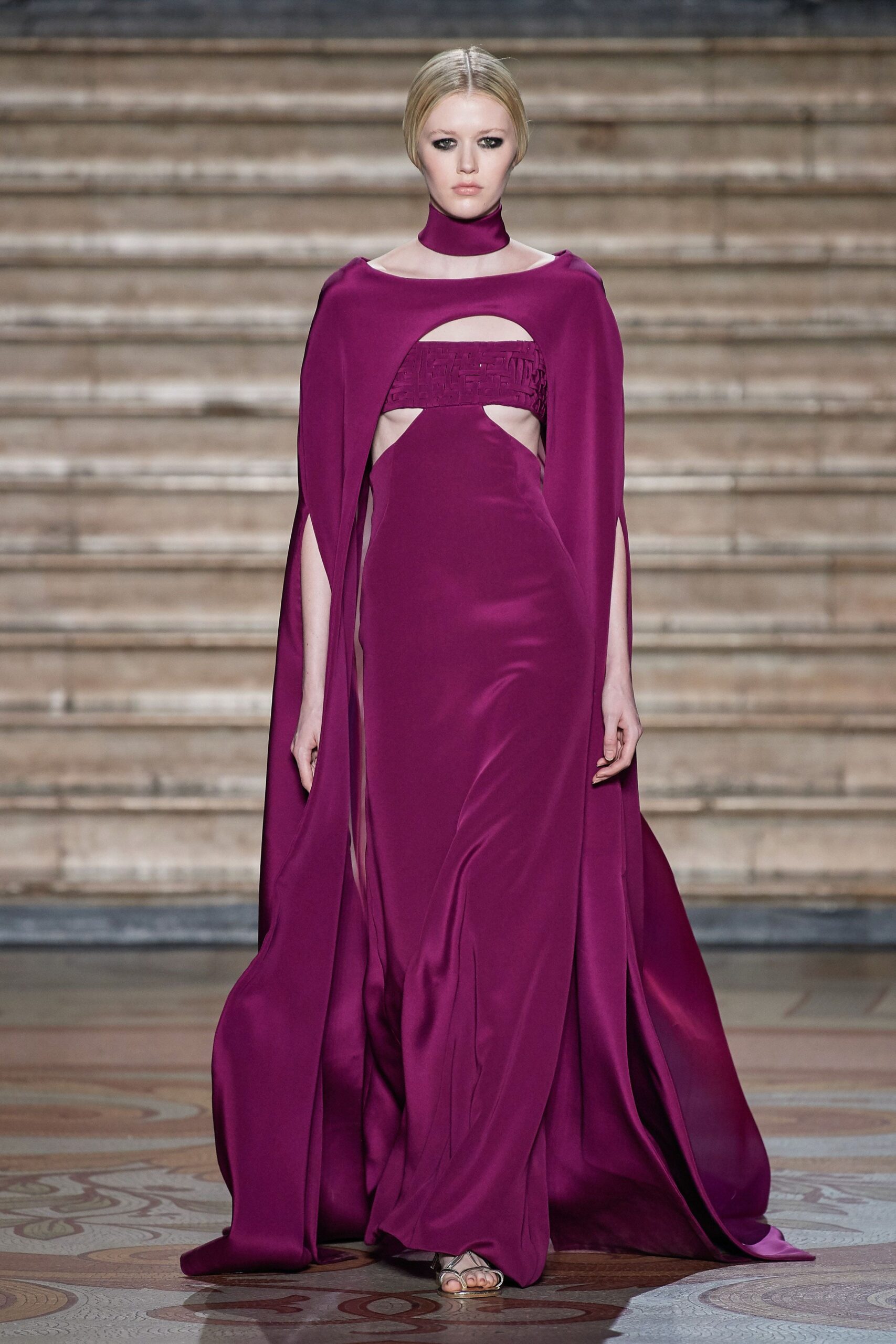purple silk gown with cape