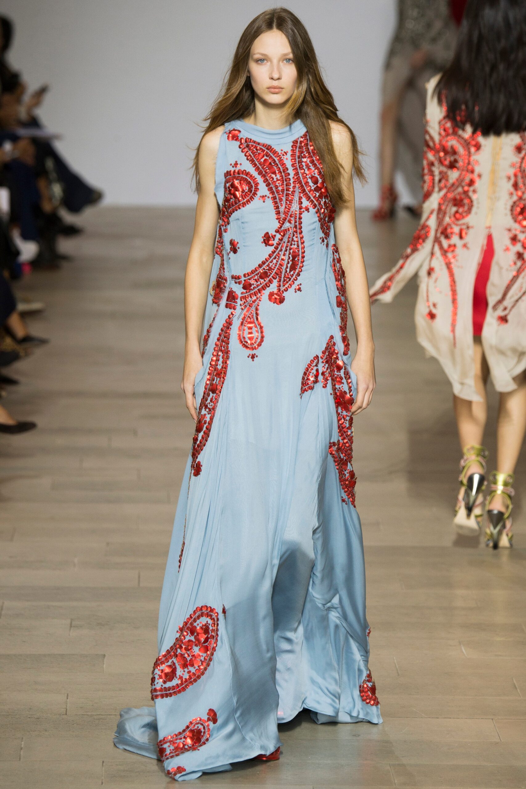 blue silk embroidered gown