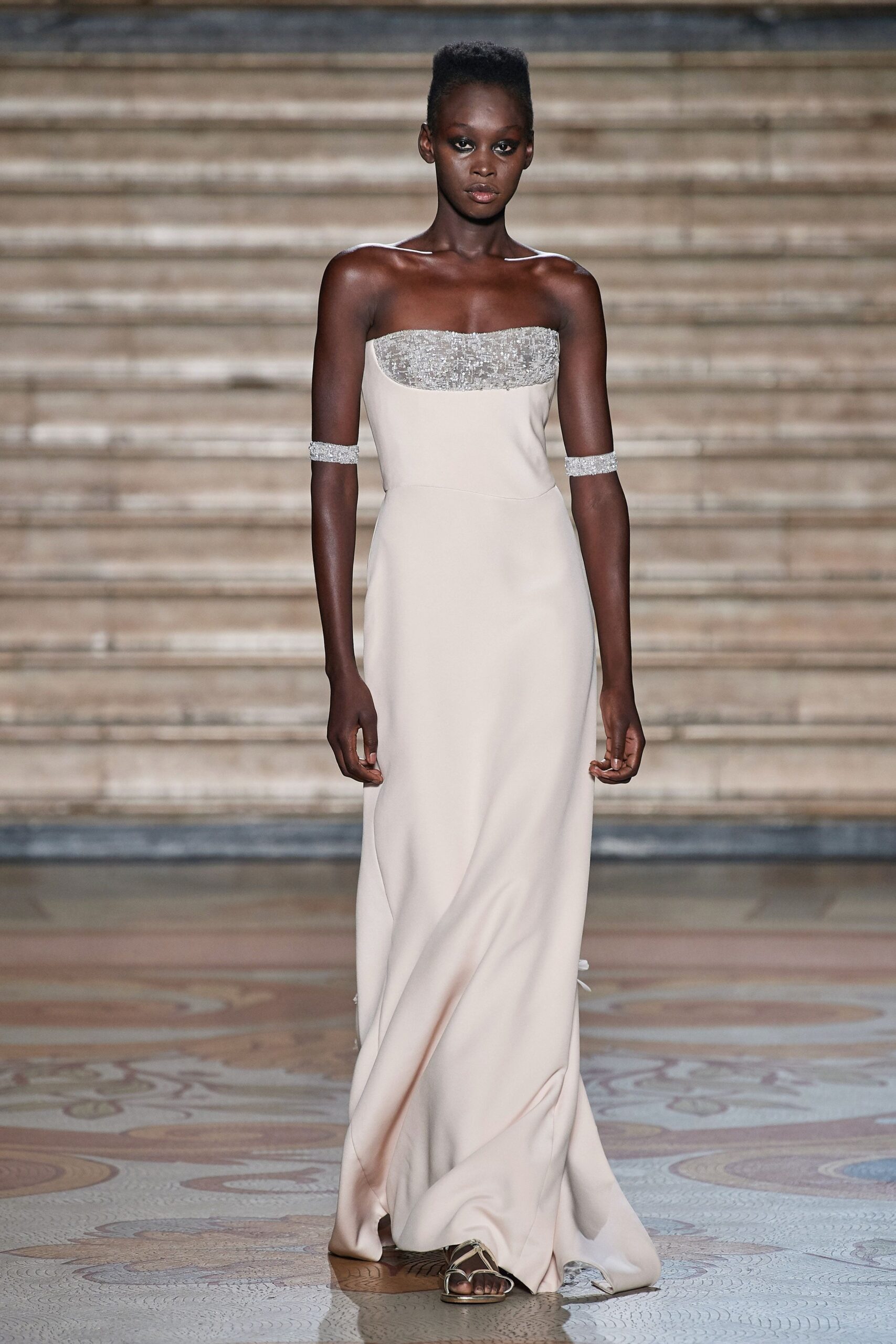 beige silk strapless gown