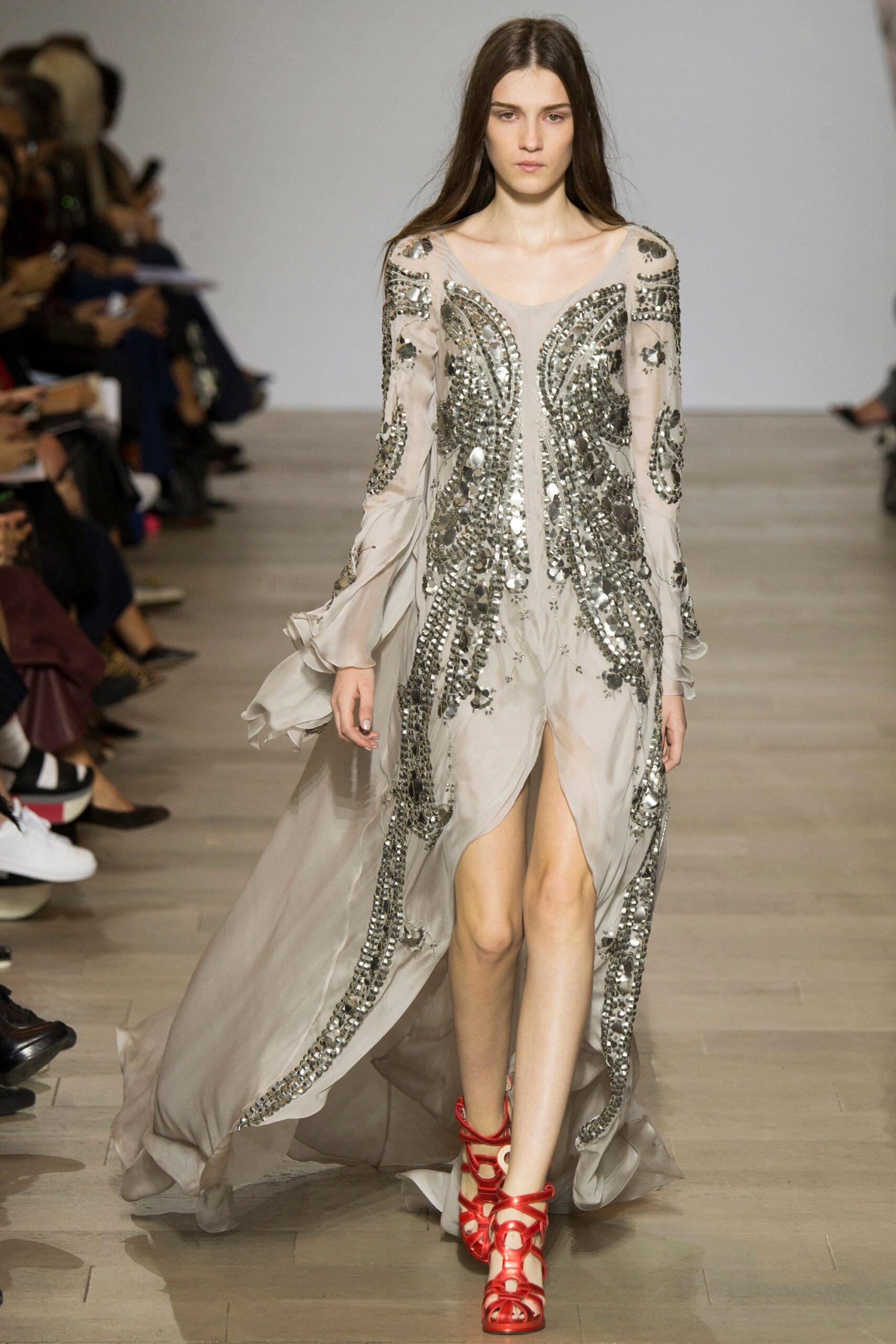 beige silk long-sleeve v-neck fitted embroidered flowing gown