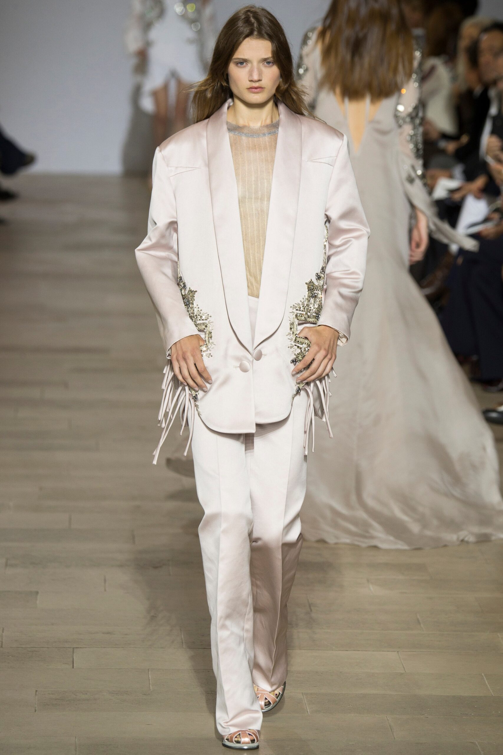 pink silk long-sleeve collared tailored fringed embroidered blazer