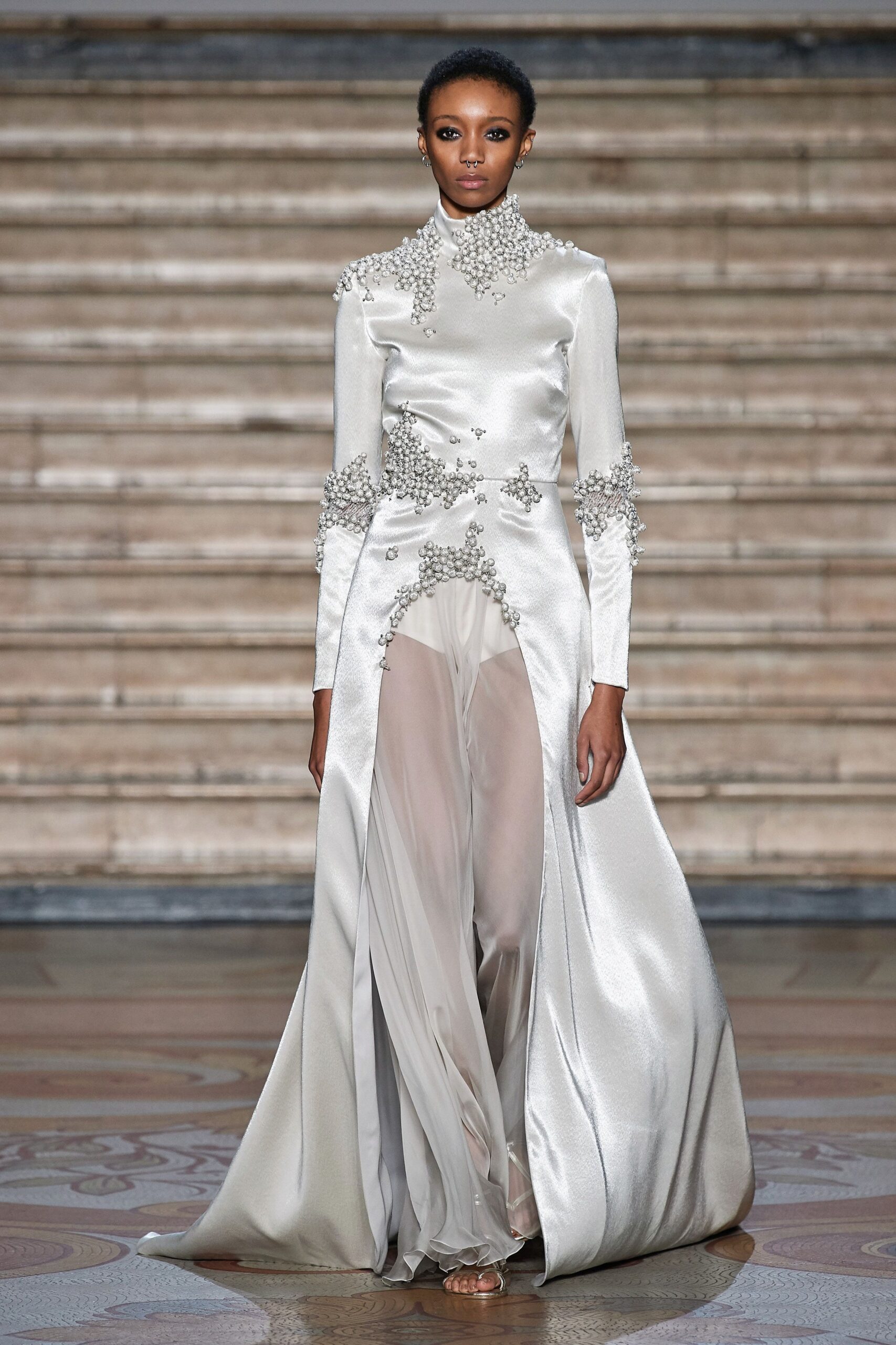 white silk fitted gown