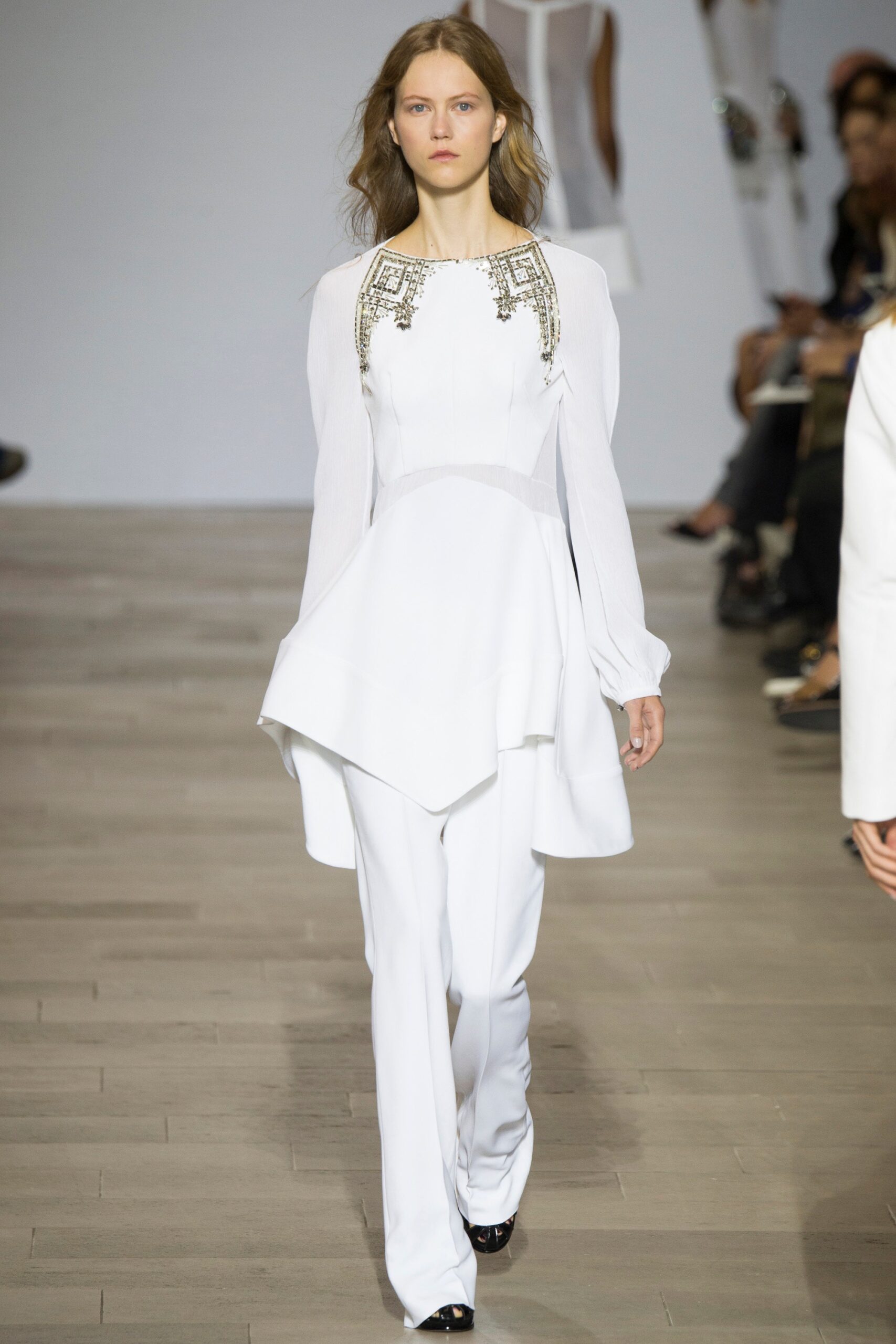 white silk long-sleeve high-neck fitted embroidered blouse