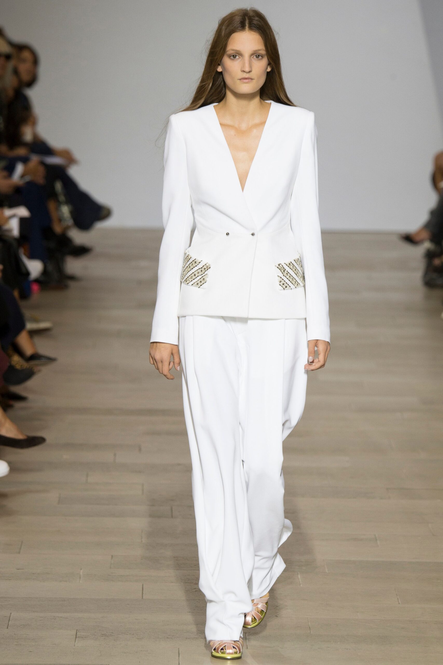 white cotton long-sleeve v-neck tailored buttoned suit