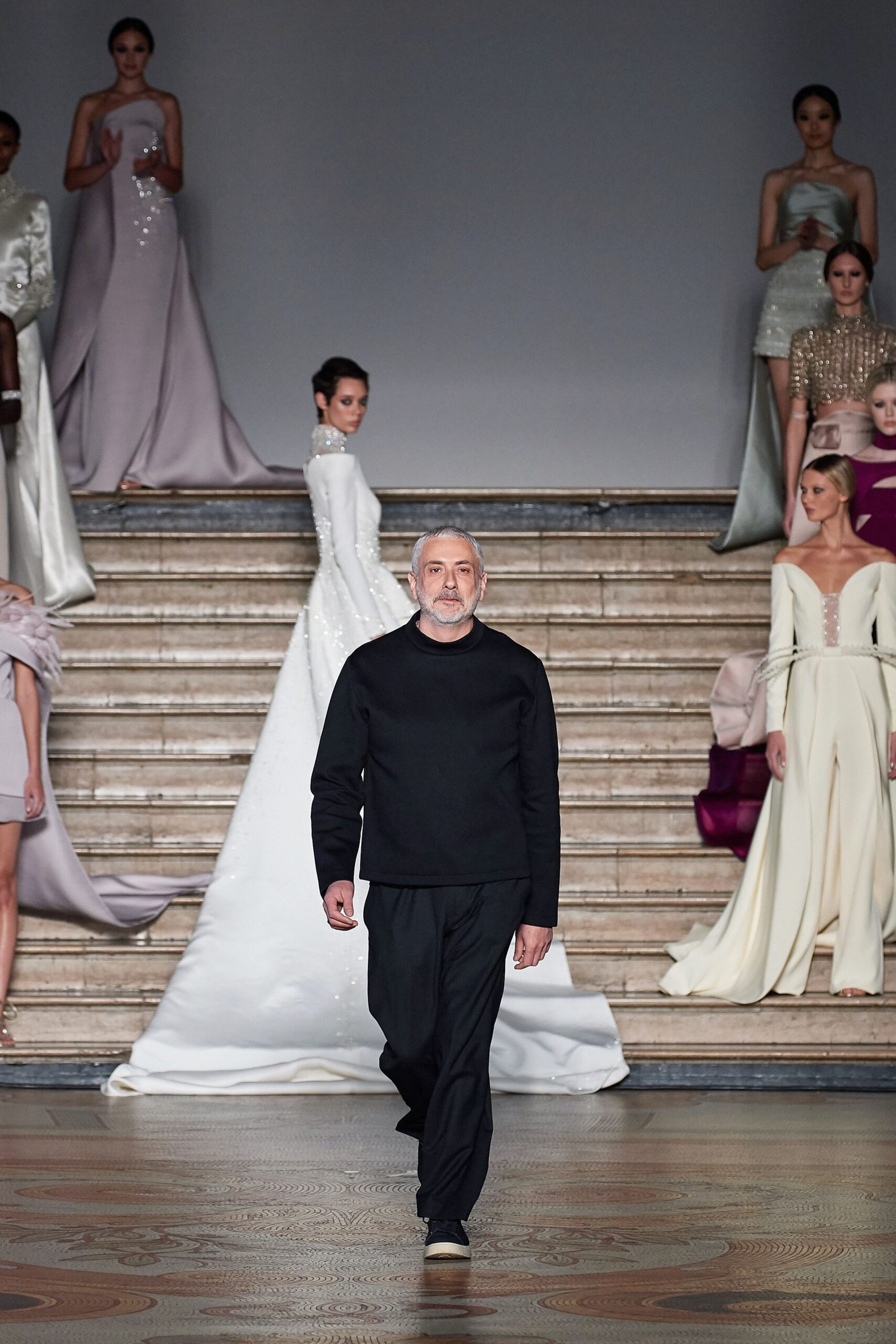 white silk fitted gown and gray satin dress