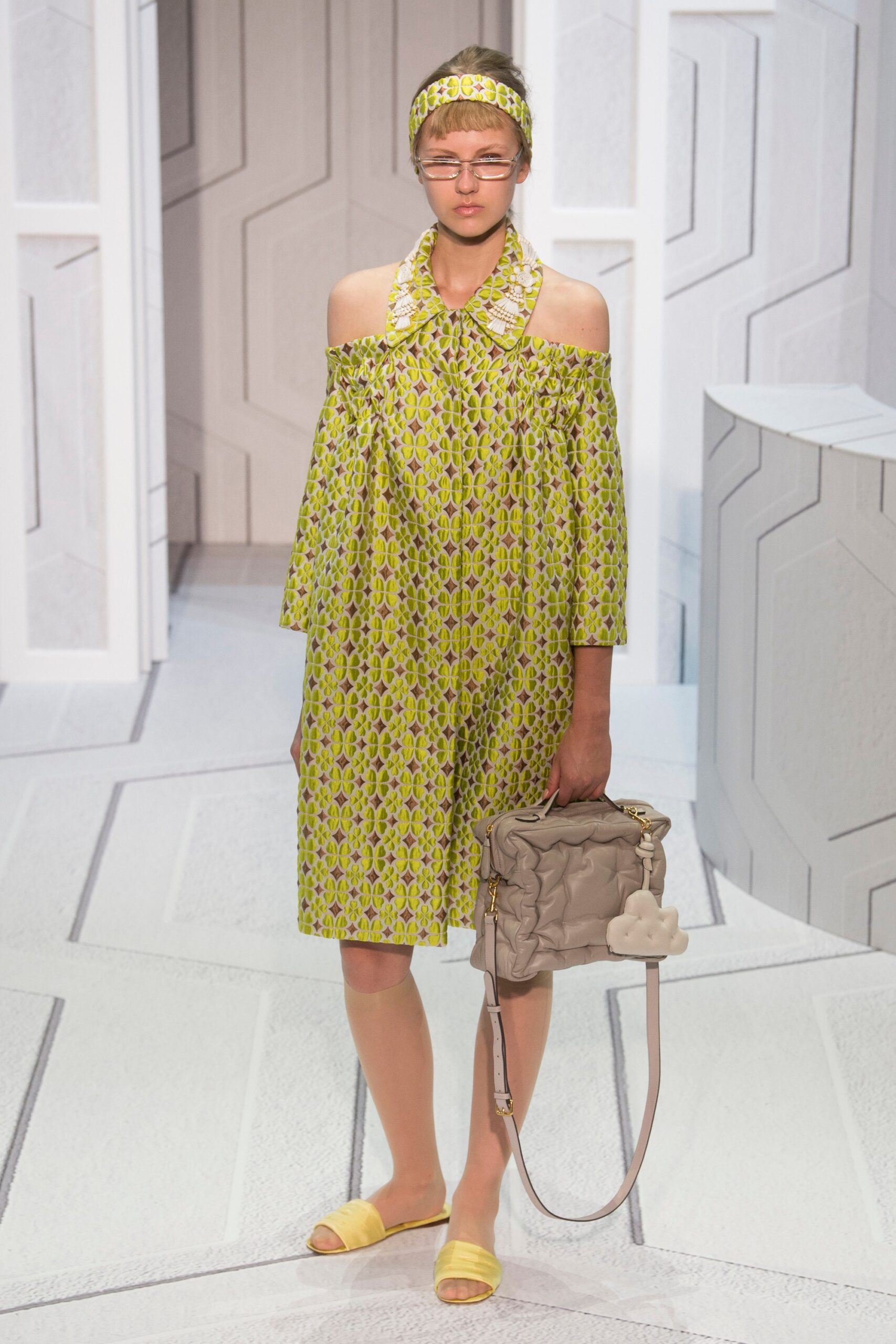 yellow green printed off-shoulder dress