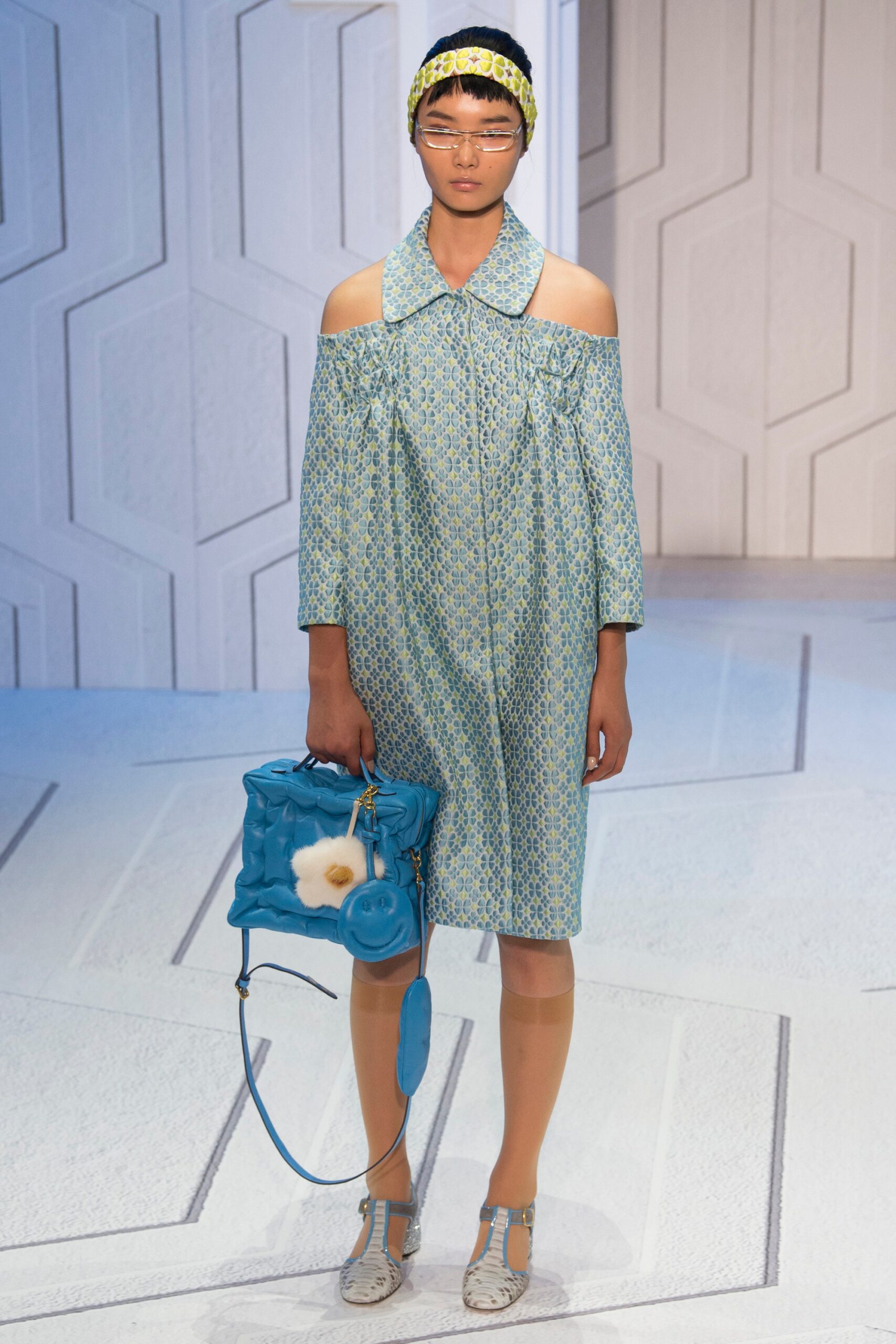 blue printed off-shoulder dress