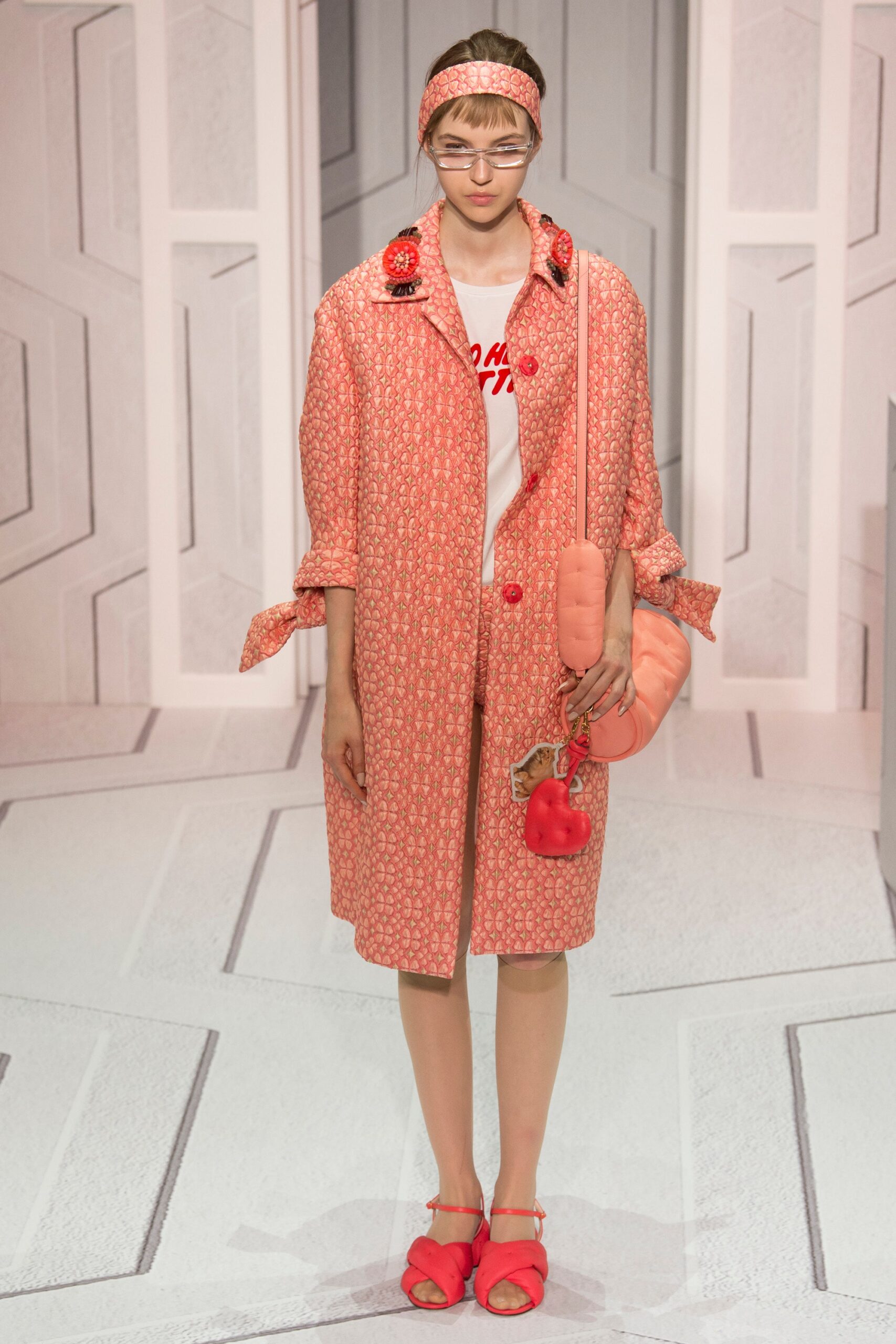 coral printed coat with t-shirt