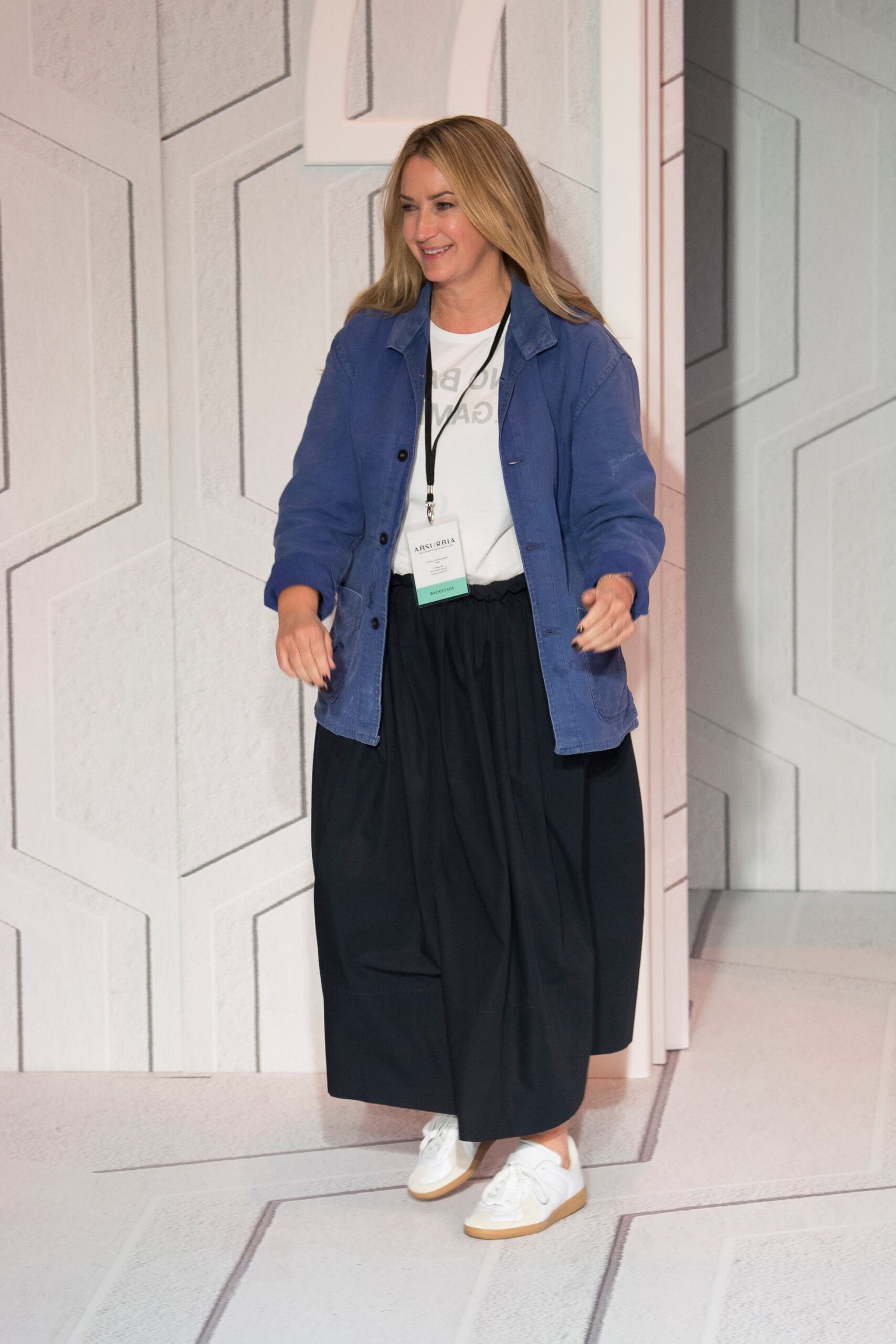 blue cotton jacket with black skirt