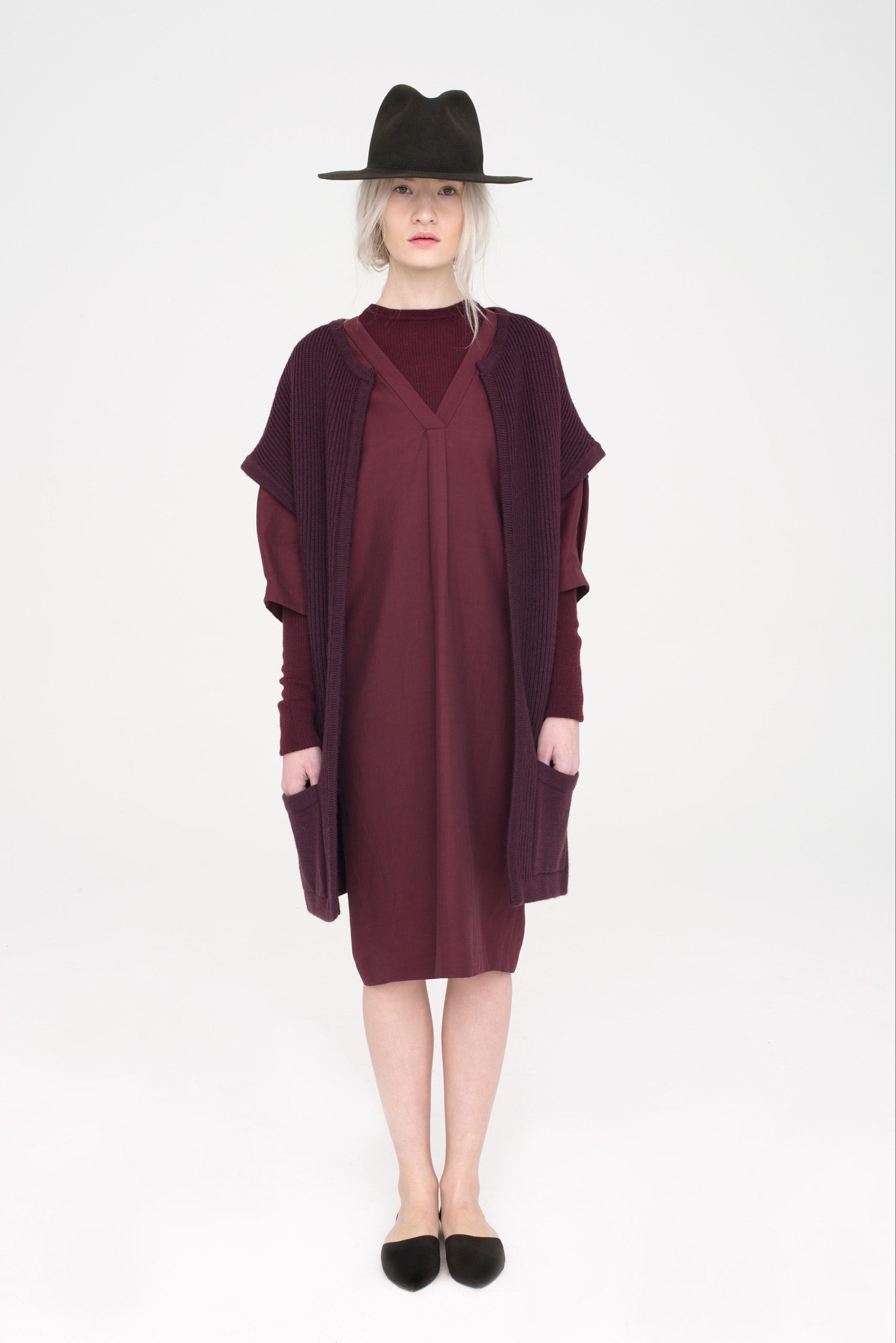 maroon midi dress with oversized cardigan