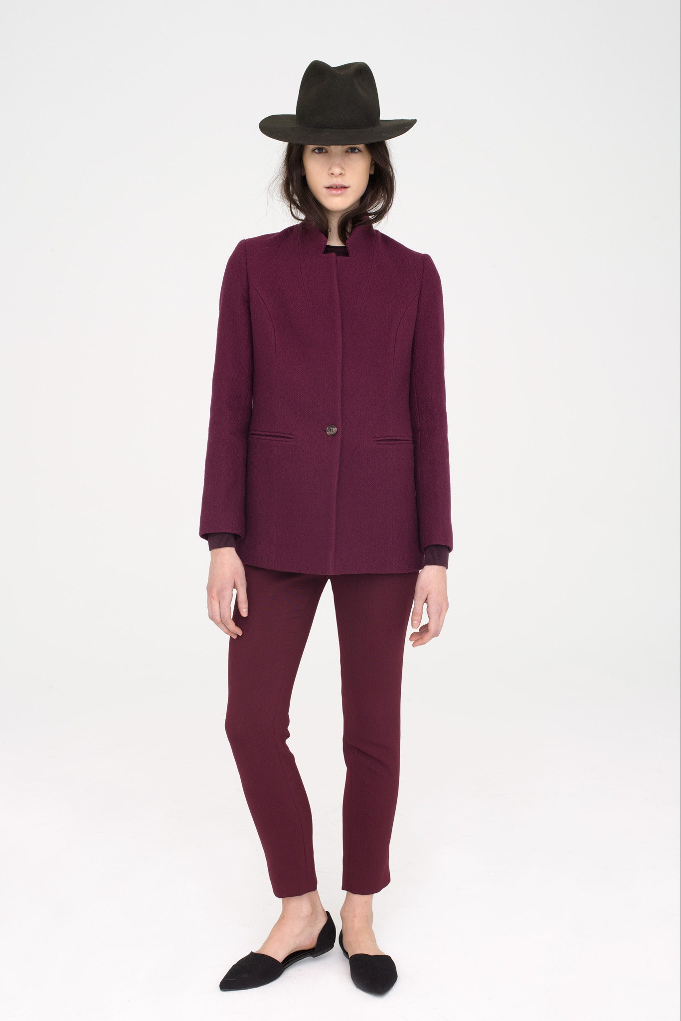 purple tailored jacket with slim pants