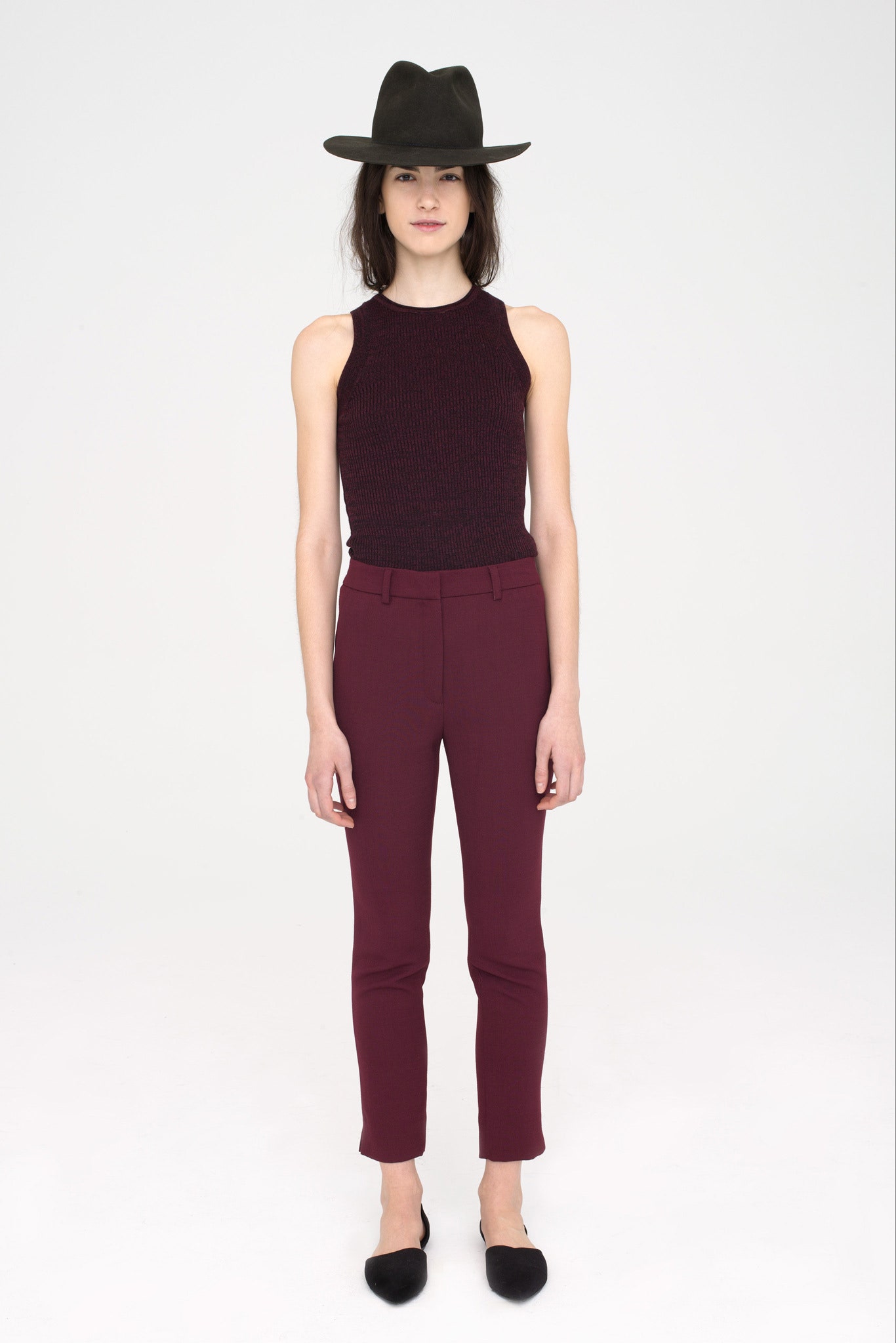 maroon fitted top and pants