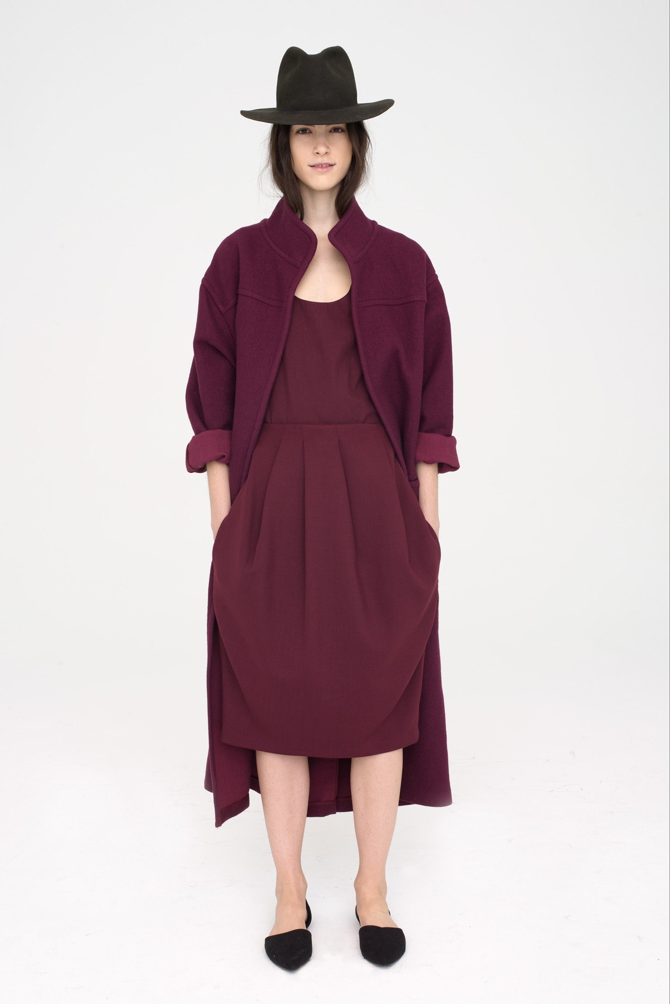 purple wool coat with maroon dress