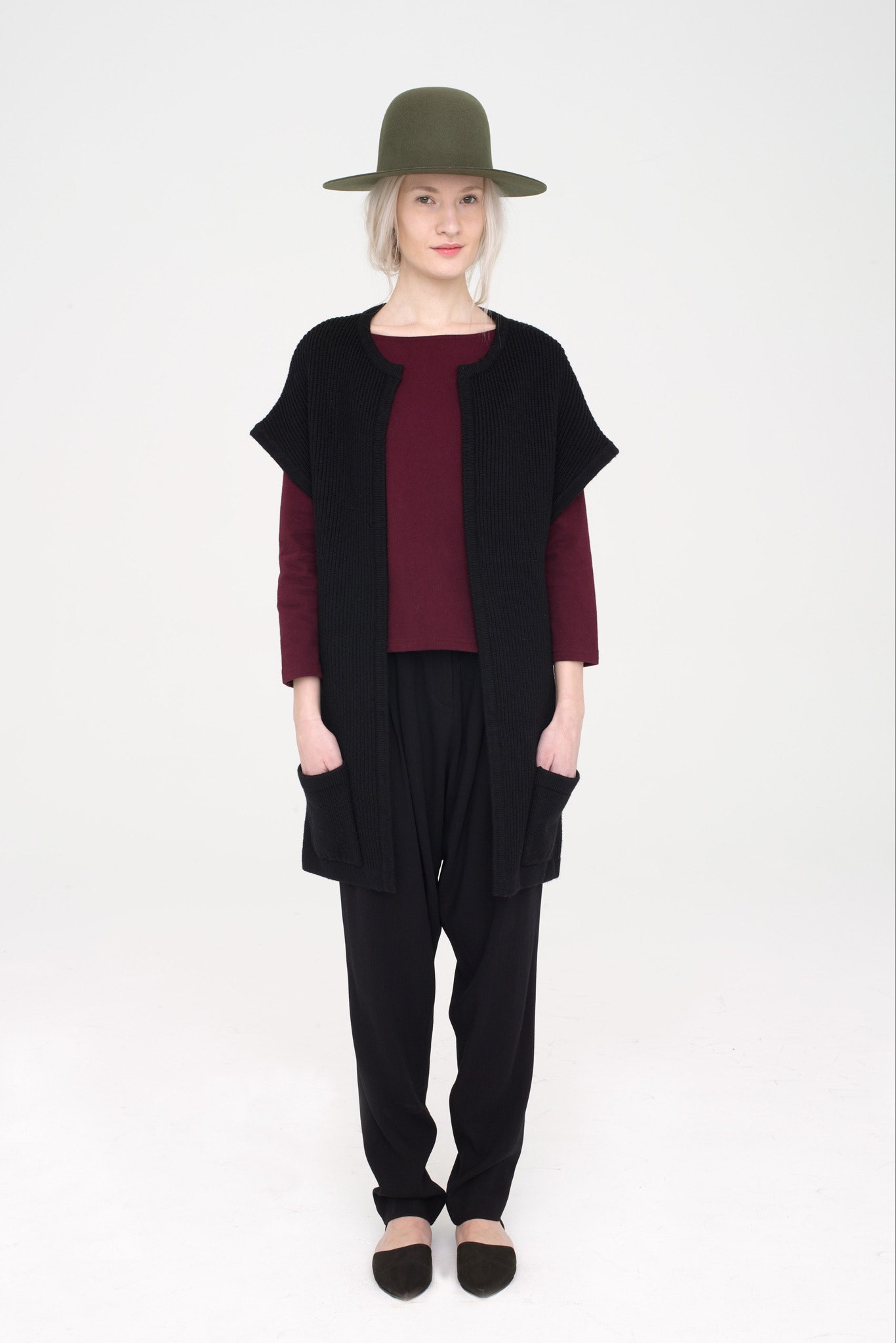 relaxed red top with black vest