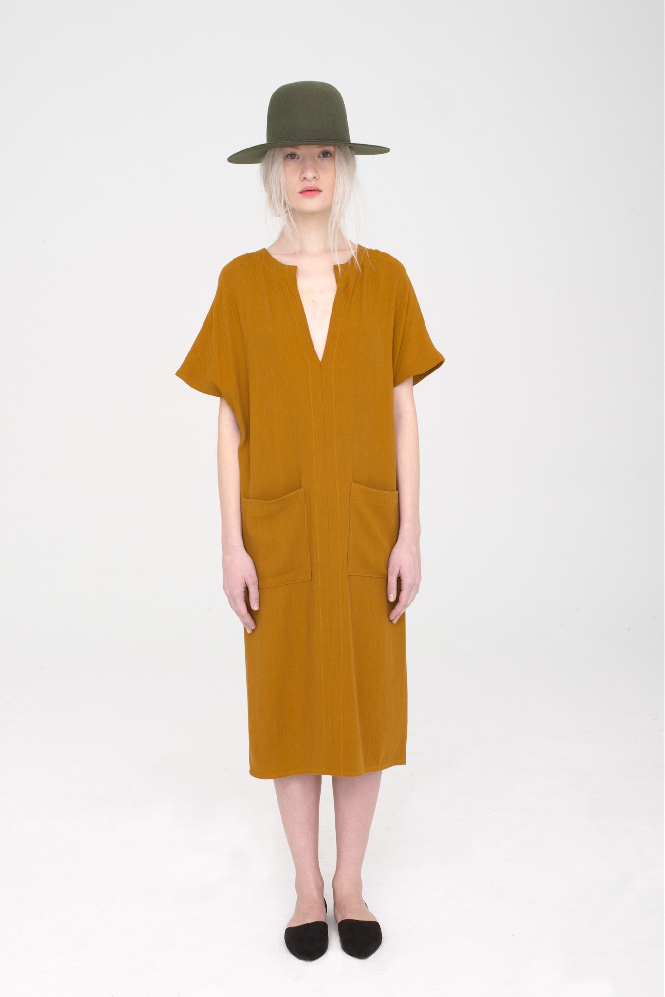 brown relaxed midi dress with pockets