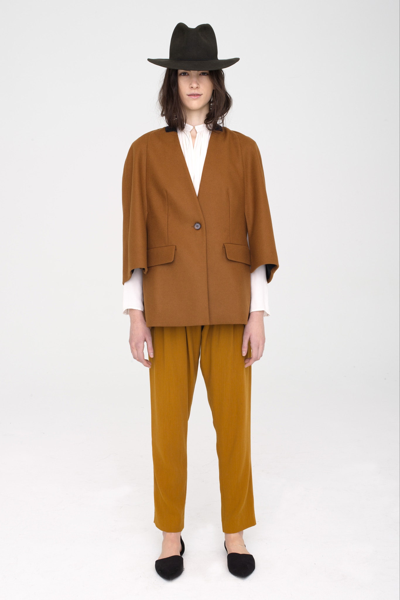brown collared structured buttoned cape