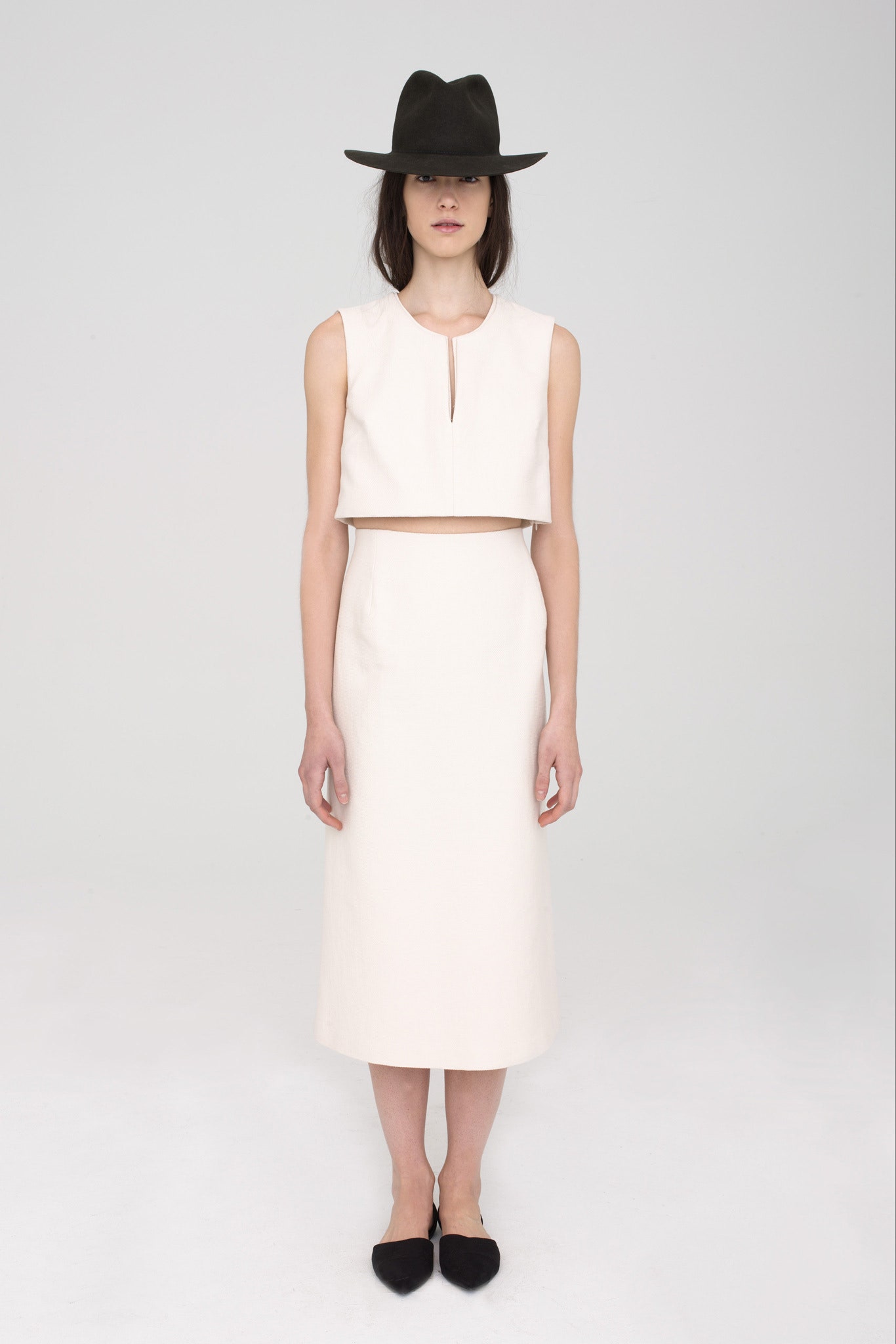 white crop-top and midi skirt