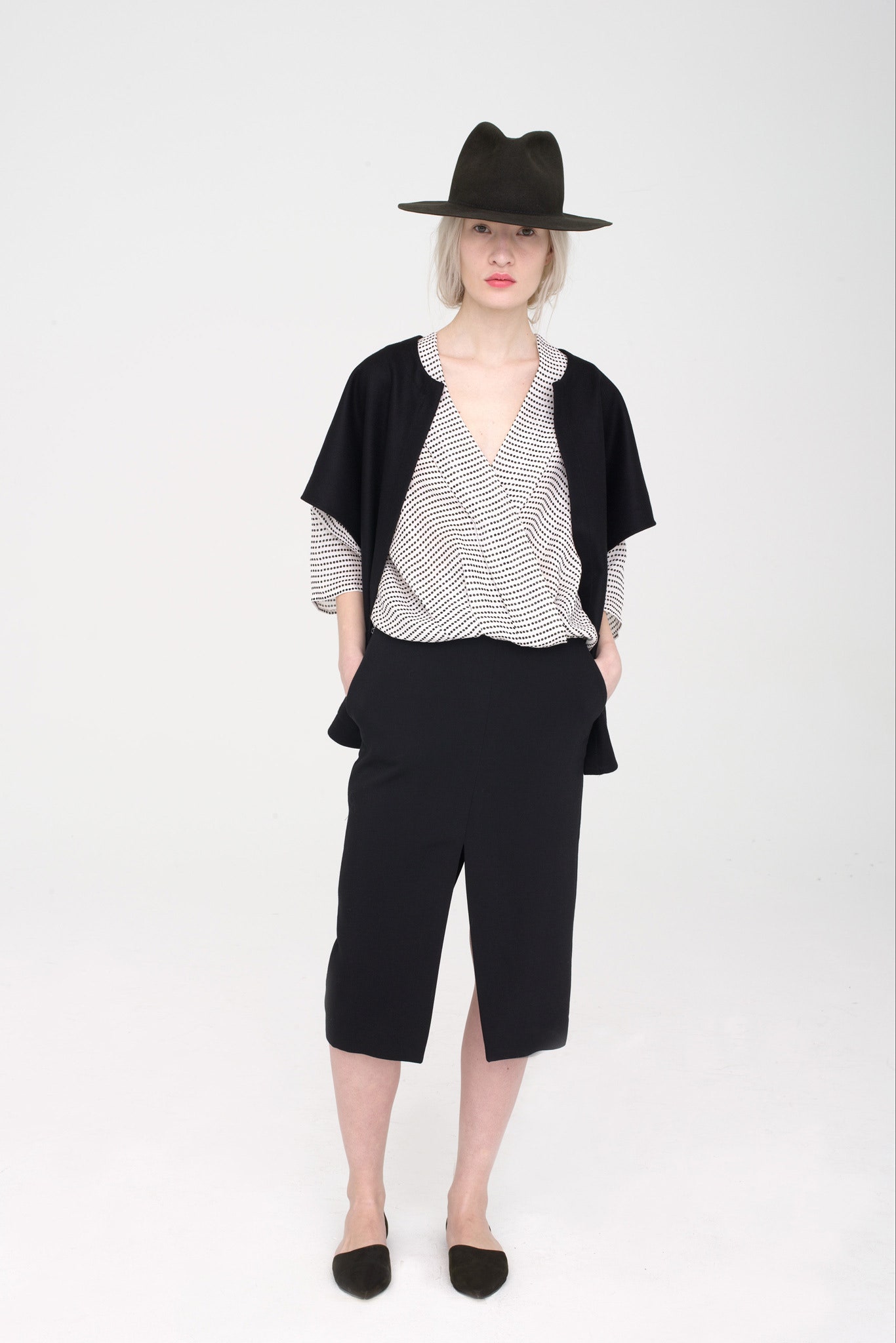 black and white checked blouse with skirt
