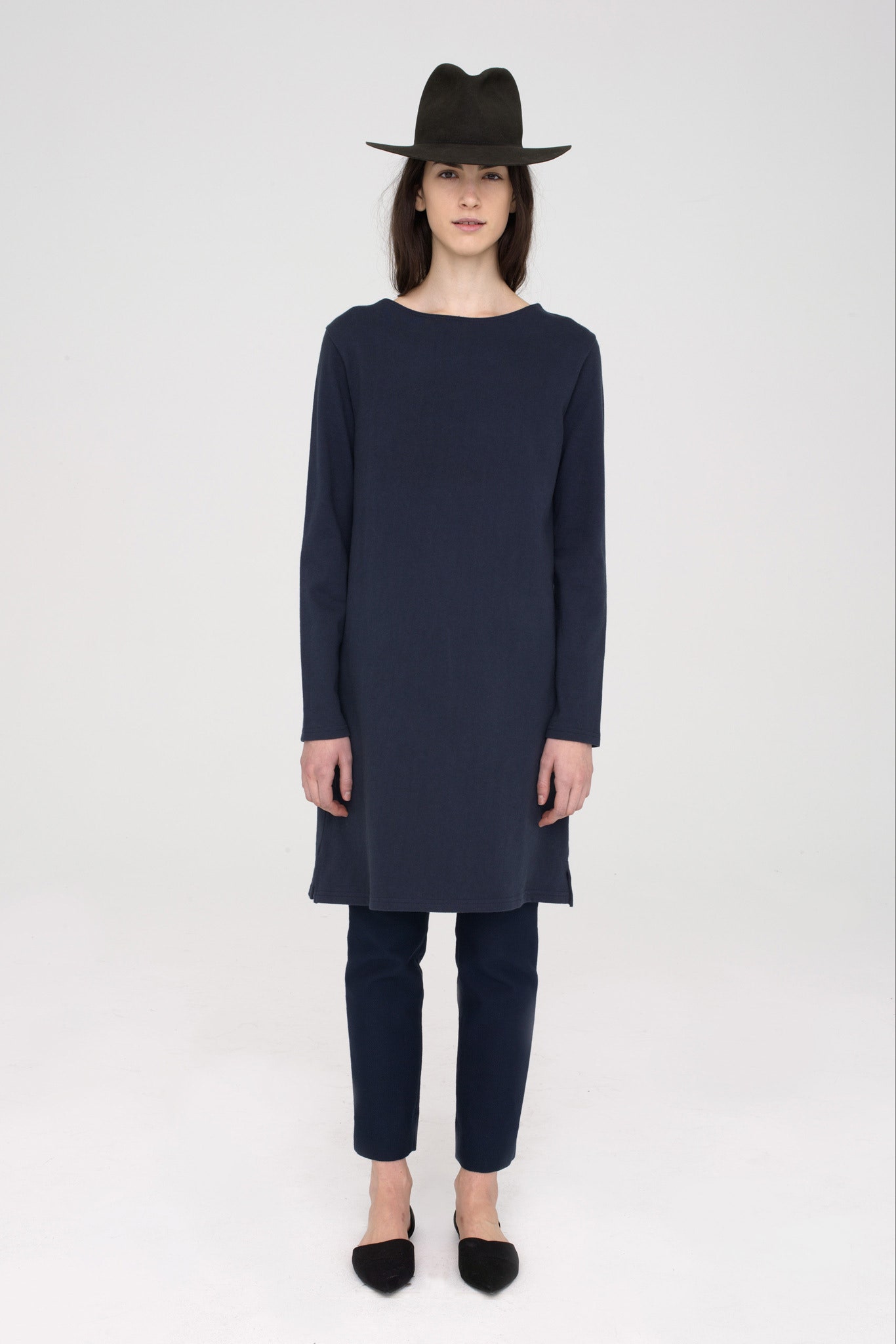 blue relaxed top with slim pants