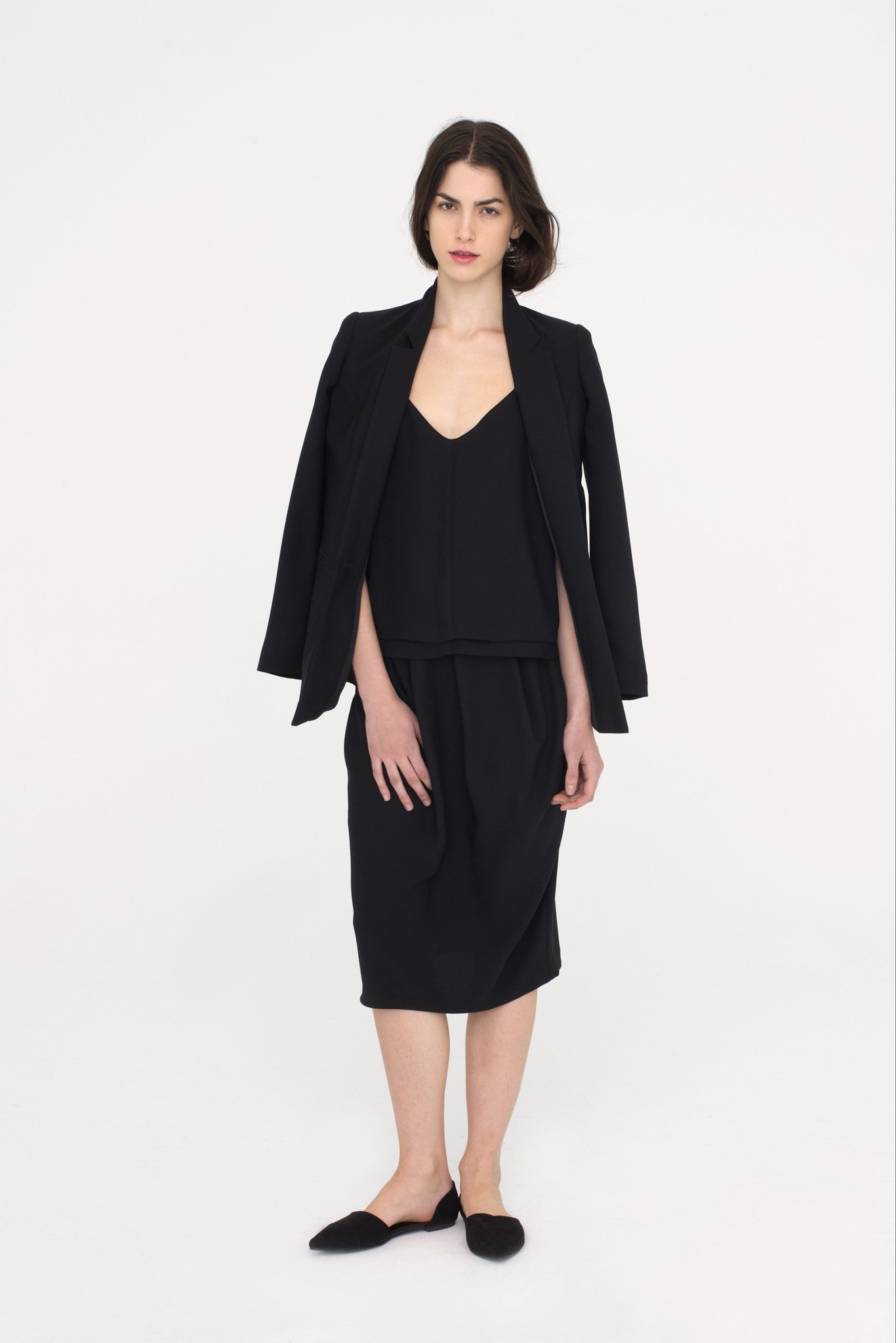 black blazer and top with skirt